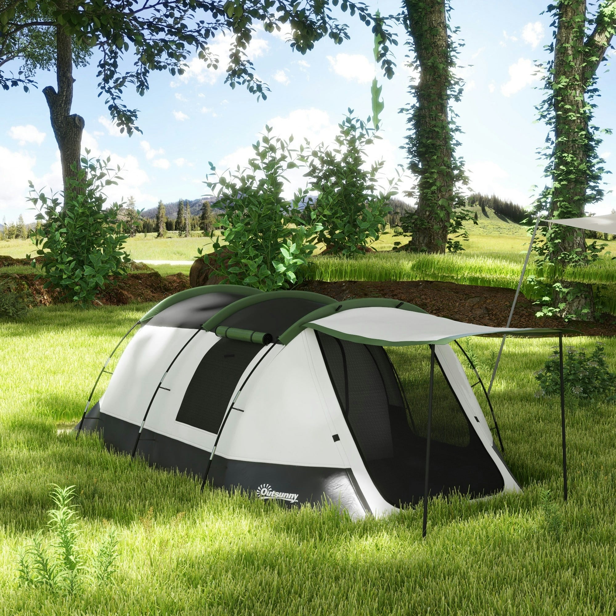Outsunny Green Tunnel Tent With Bedroom, Living Room And Porch For 3-4 Man,