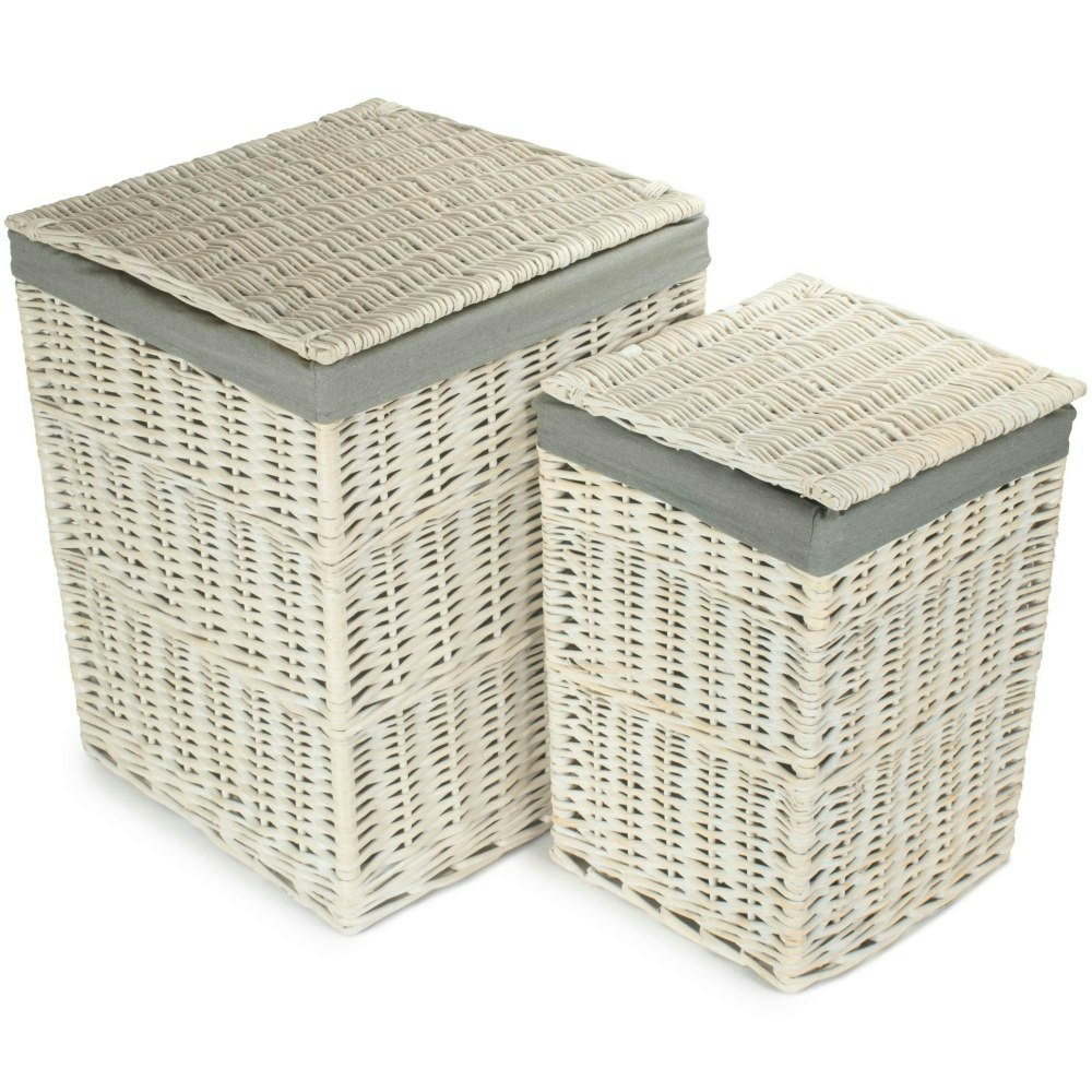 Rackhams White/Grey Set Of 2 Square Wash Wicker Laundry Hamper With Sage Lining