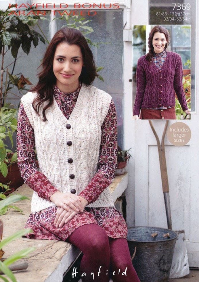 Hayfield Women's Bonus Aran Knitting Pattern 7369, Waistcoats, Cardigans For 32 - 54 Inches - Advanced