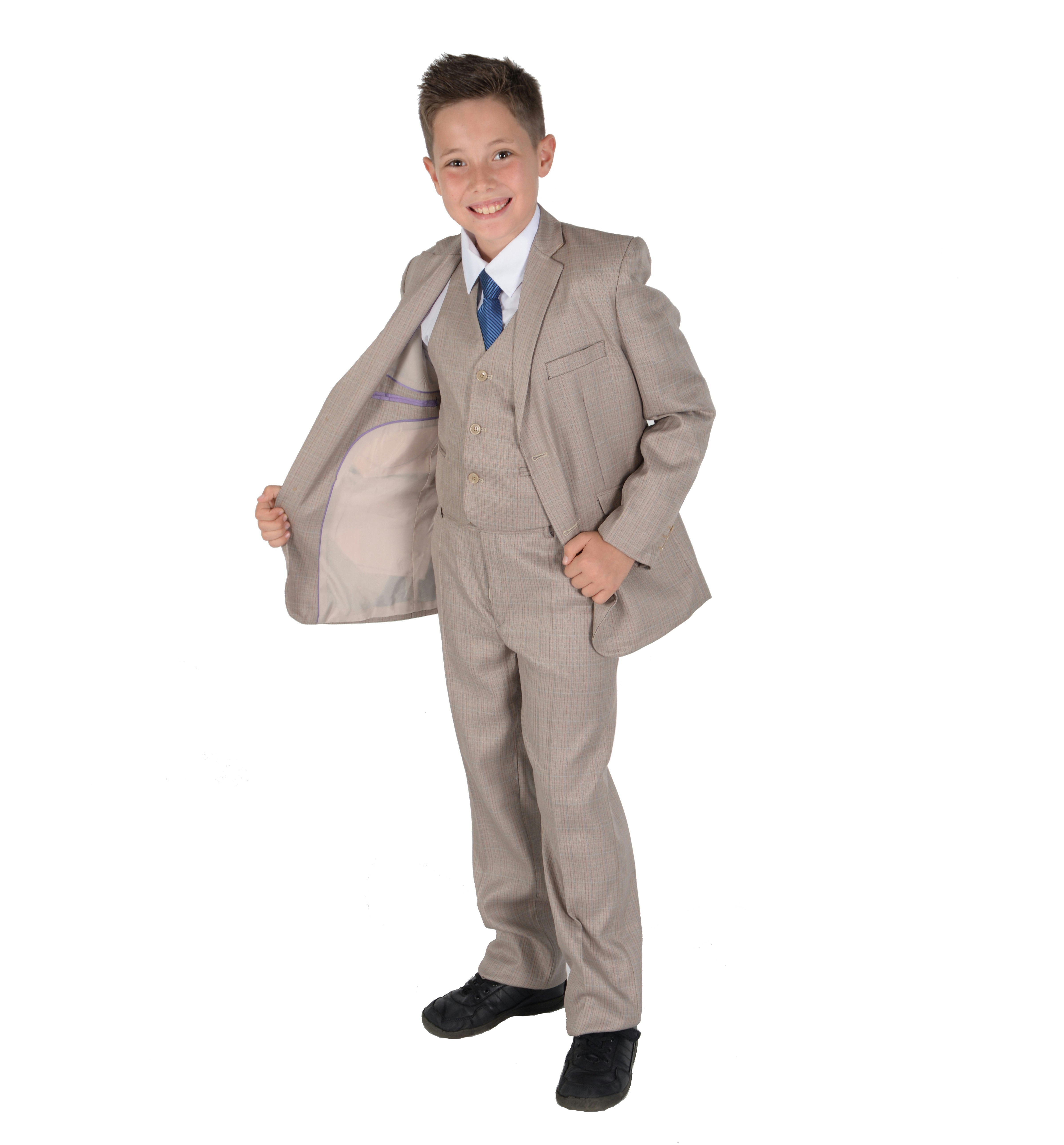 Cinda Boys Beige 5 Piece Checkered Suit - 9-10 Years - Polyester