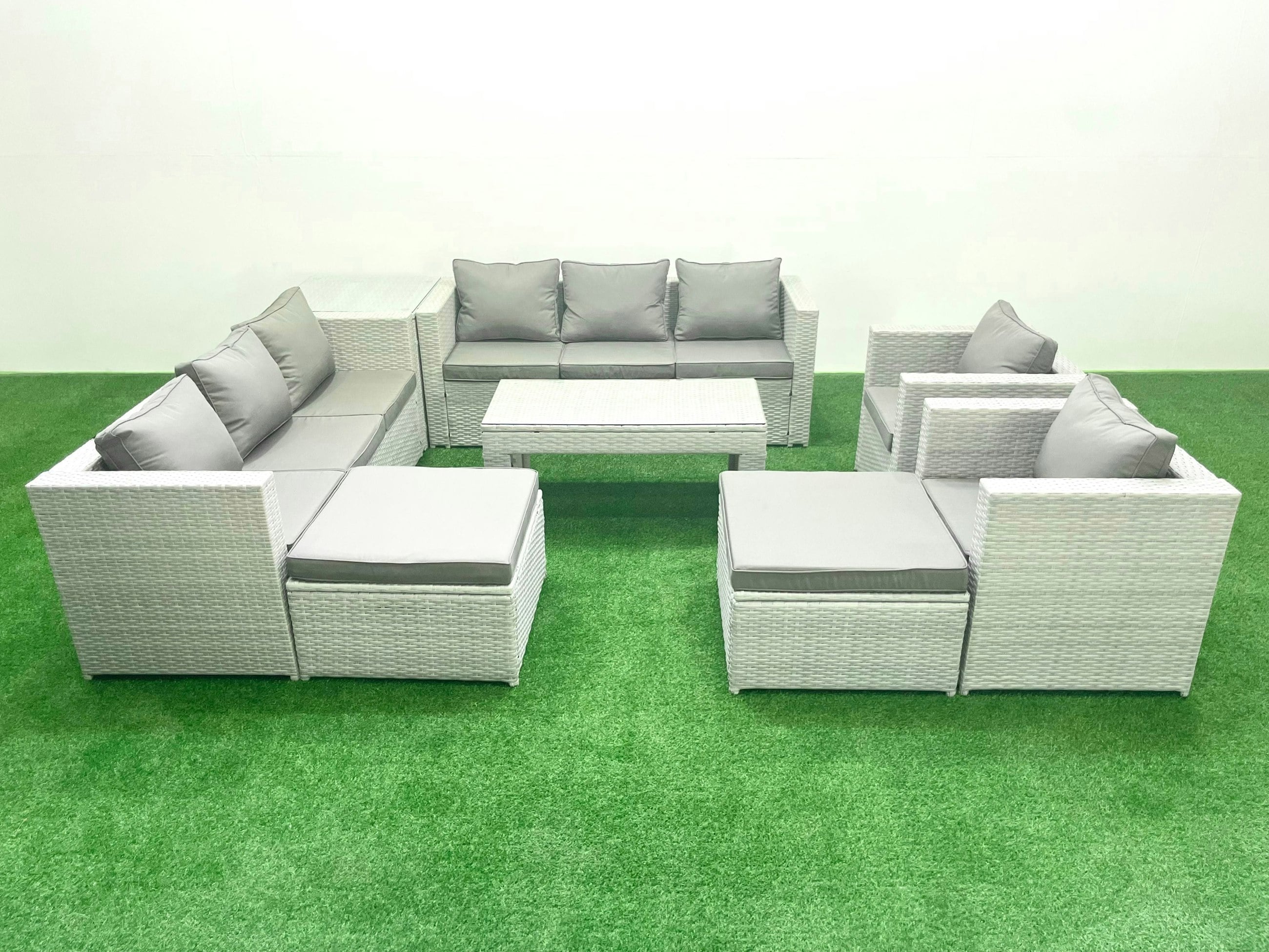 Fimous Light/Grey Outdoor Garden Furniture Rattan Sofa Set With 2 Armchairs Oblong Coffee Table 2 Big Footstools Side Table Mixed