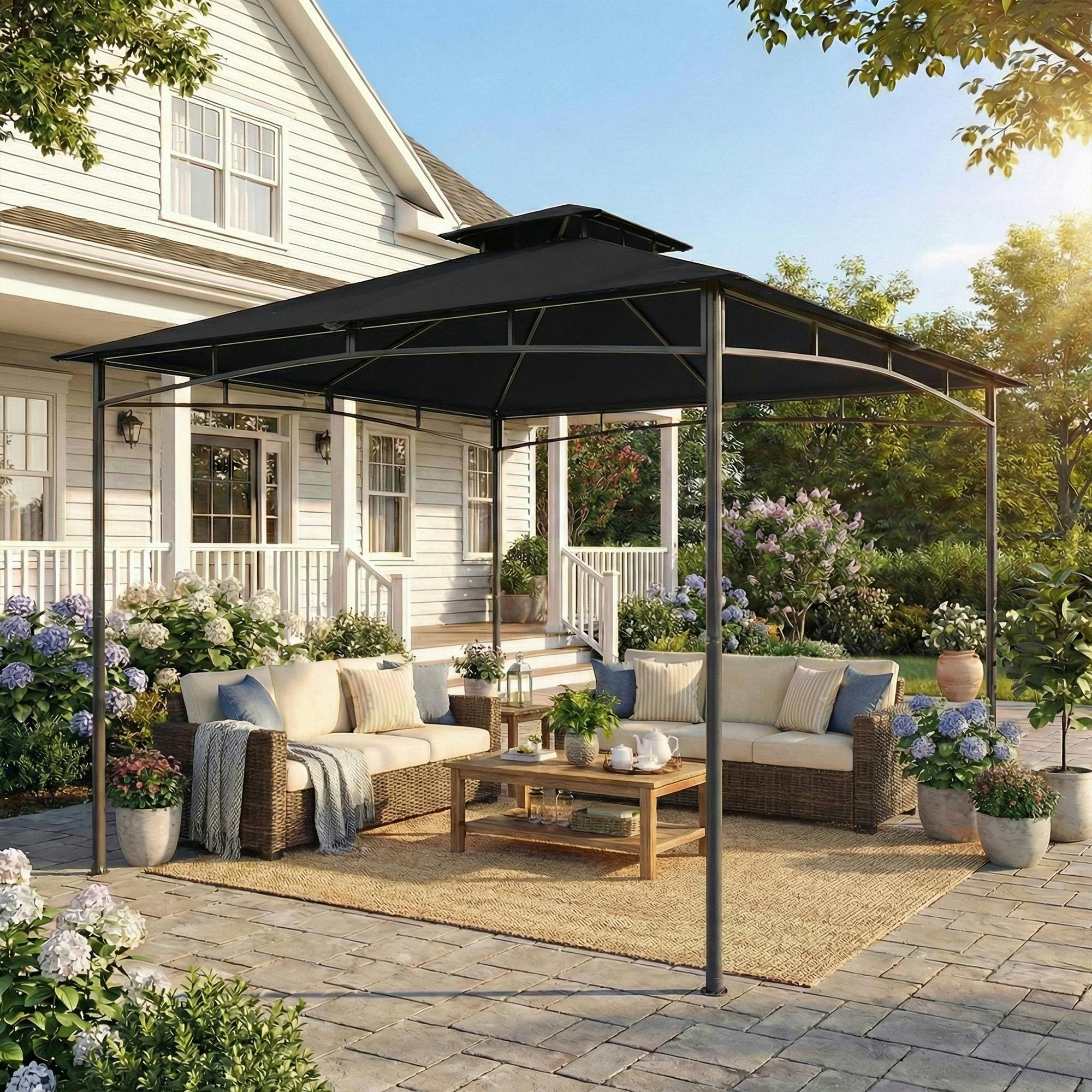Rackhams Black 3 X 3 M Gazebo, Outdoor Gazebo Canopy With 2-Tier Roof - 300L X 300W X 285H Cm - Gazebo