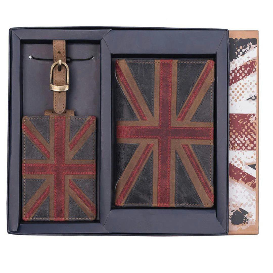 Mala Leather Men's Brown Union Jack Leather Passport & Luggage Tag Gift Set