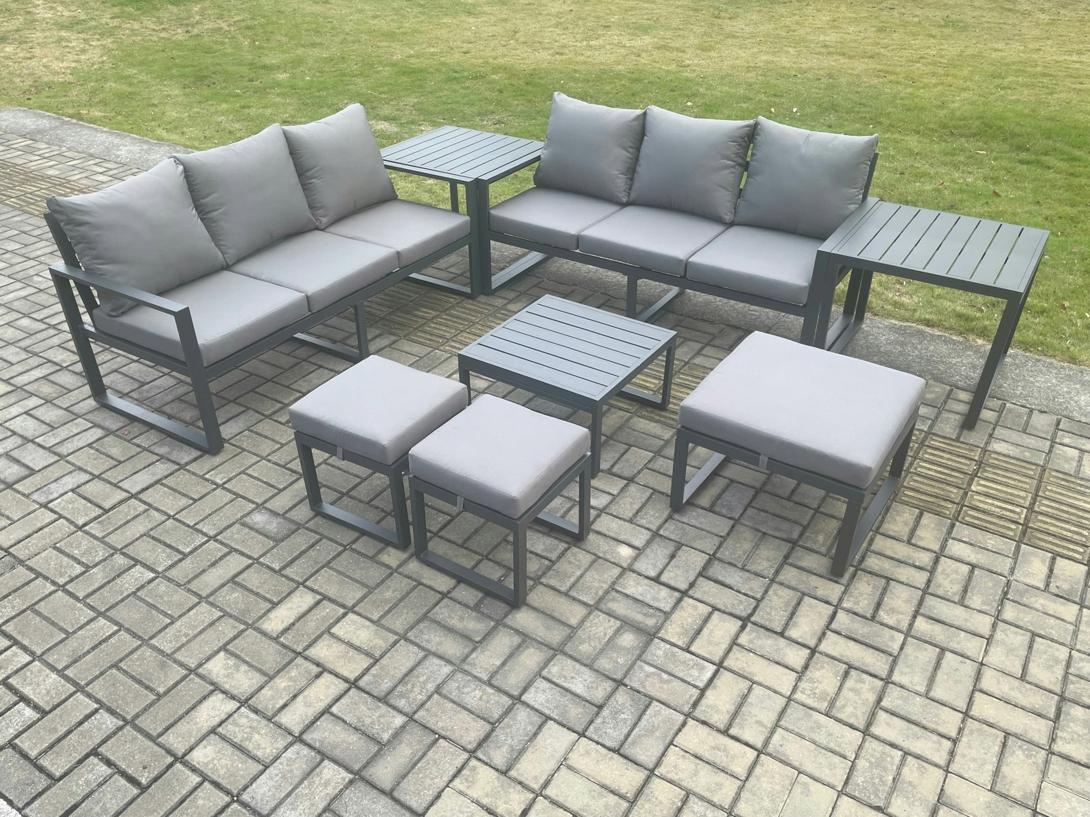 Rackhams Dark/Grey Aluminium 9 Seater Outdoor Garden Furniture Lounge Sofa Set With Square Coffee Table 3 Footstools 2 Side Tables