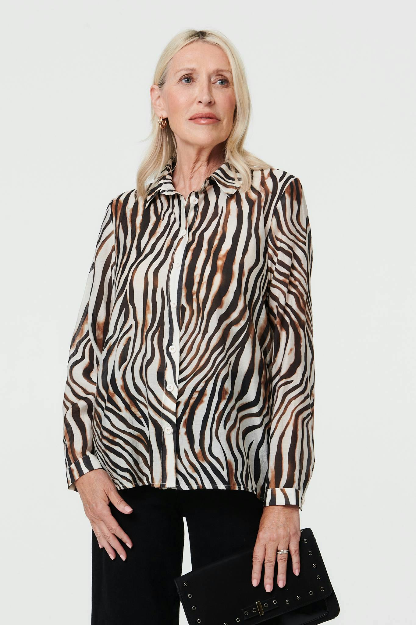 Izabel London Brown Zebra Print Long Sleeve Shirt - 12