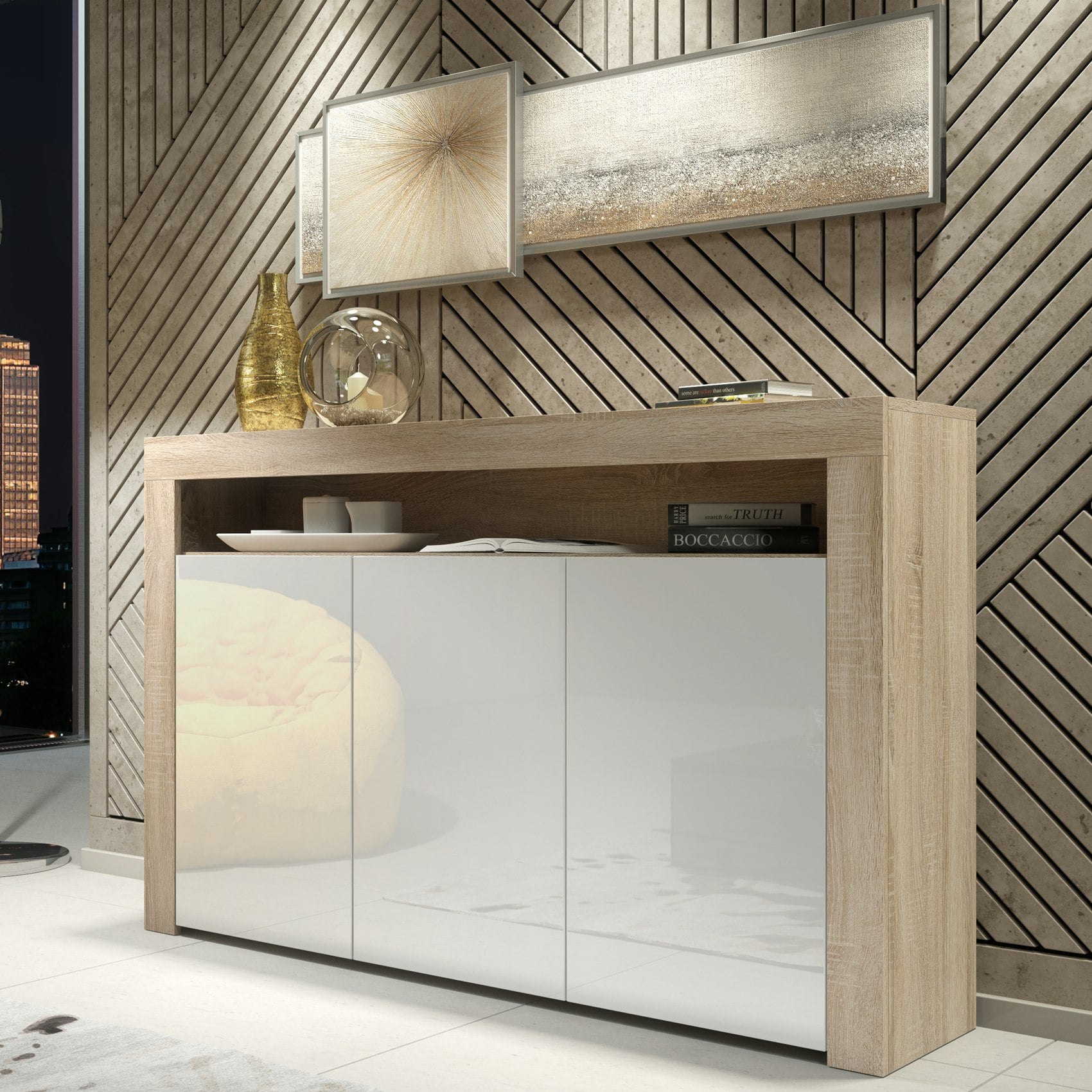 Rackhams White Modern Sideboard 155Cm – Oak Matt Body With Gloss Doors - 155 Cm - Mdf/Chipboard - 1