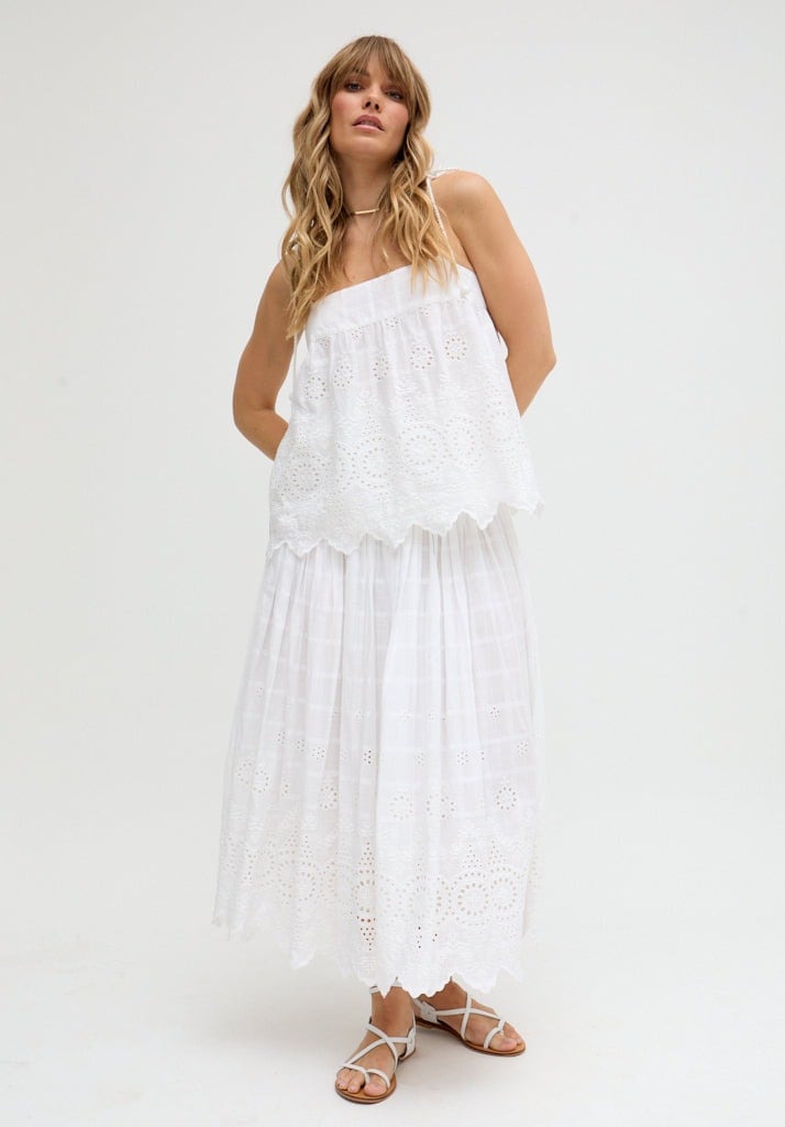 Raffya White Mirella Smocked Waist Embroidered Midi Skirt In - 12