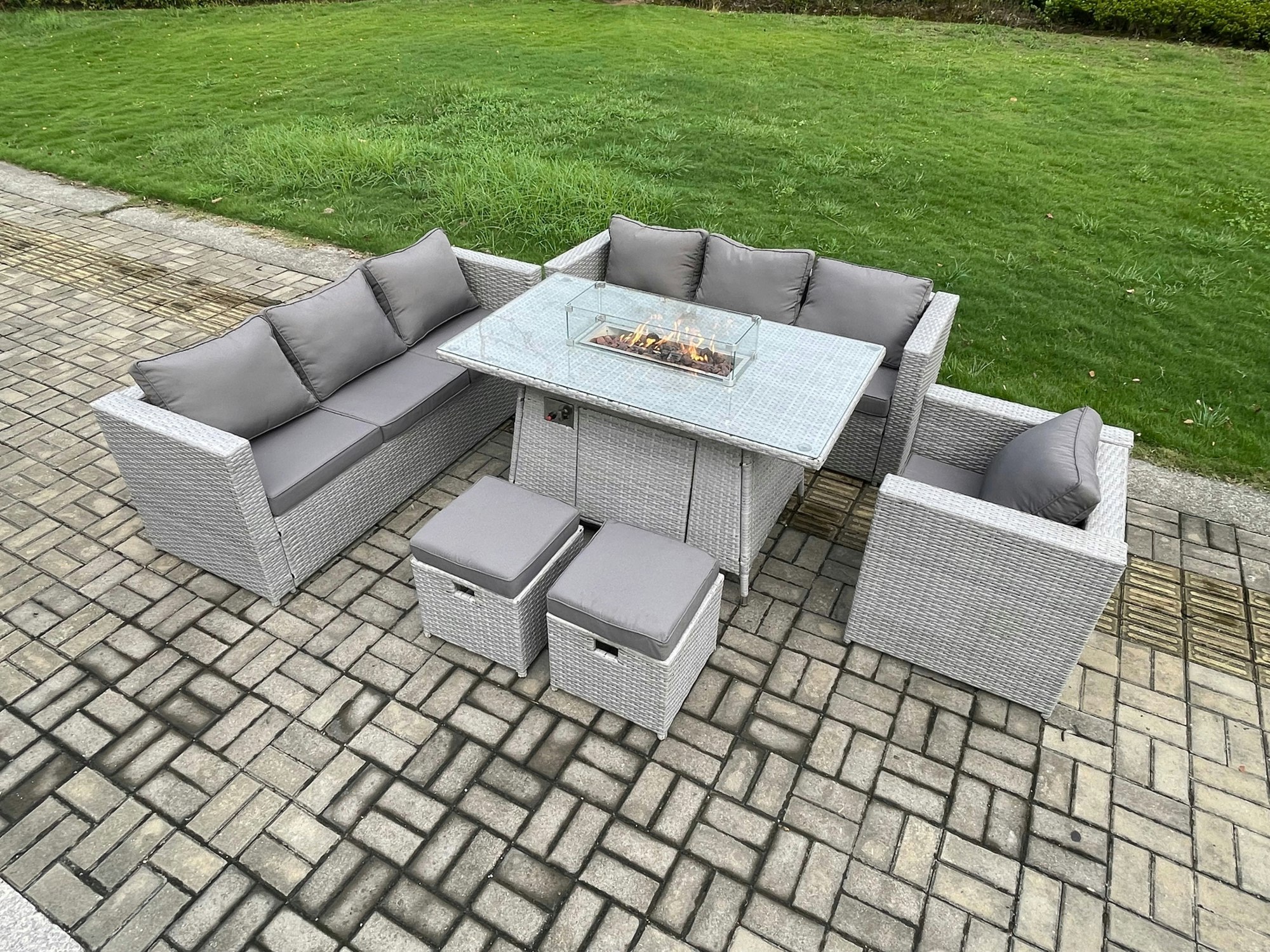 Fimous Light/Grey 9 Seater Outdoor Garden Dining Sets Rattan Furniture Gas Fire Pit Dining Table Gas Heater With Armchair 2 Small Footstools