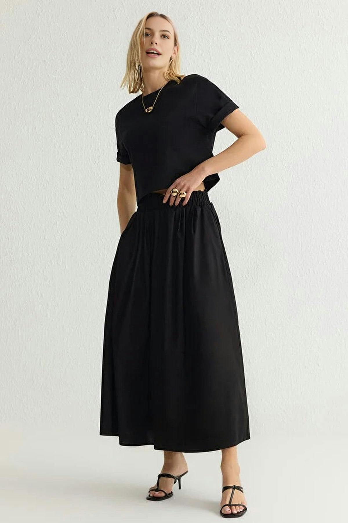 Wovcor Black Flared Maxi Elastic Waist Woven Skirt - 10