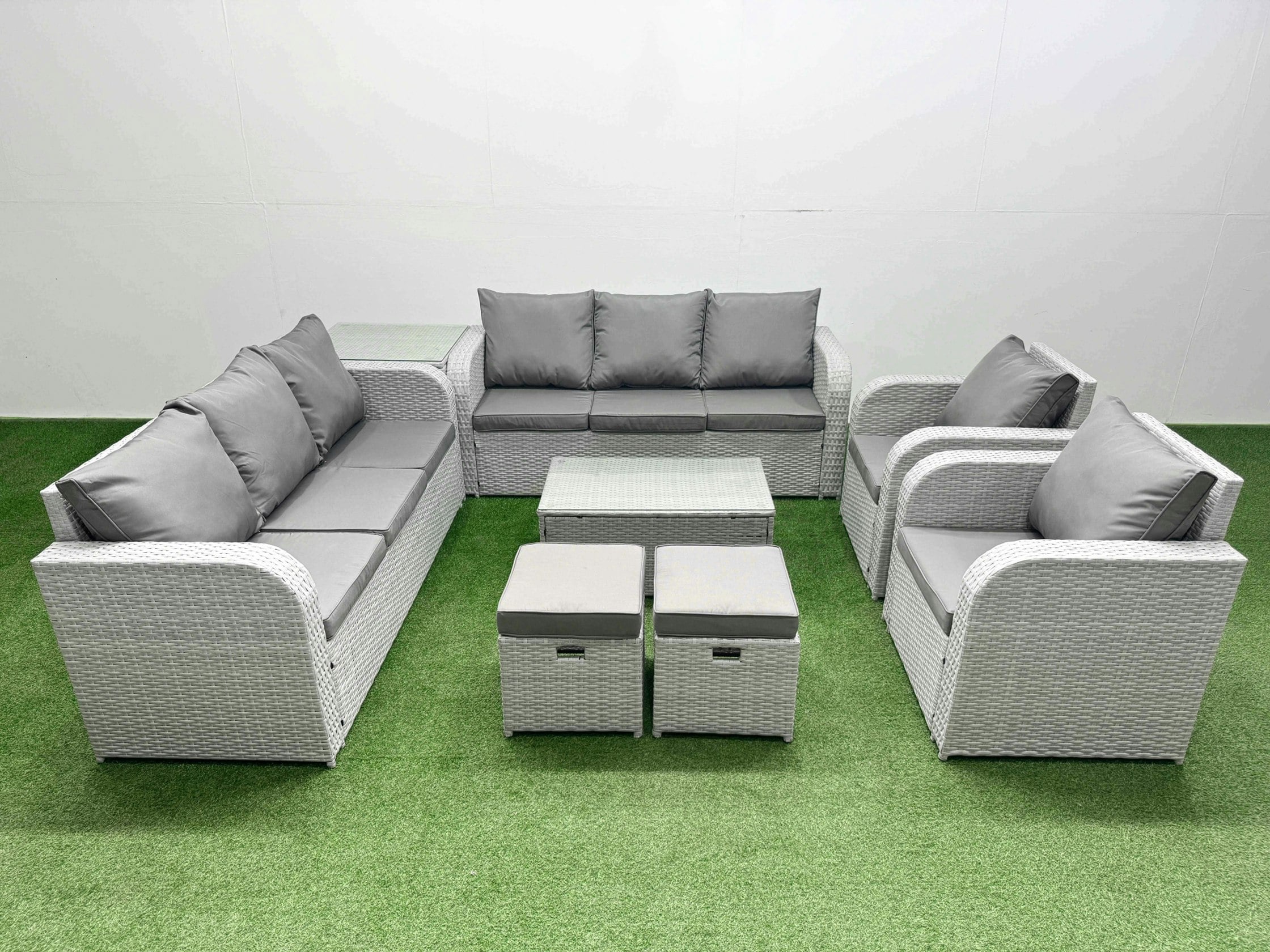 Fimous Light/Grey Pe Rattan High Back Lounge Sofa Set Patio Coffee Table & Chairs Set With 3 Seater Sofa Reclining Chair Stools Side Table