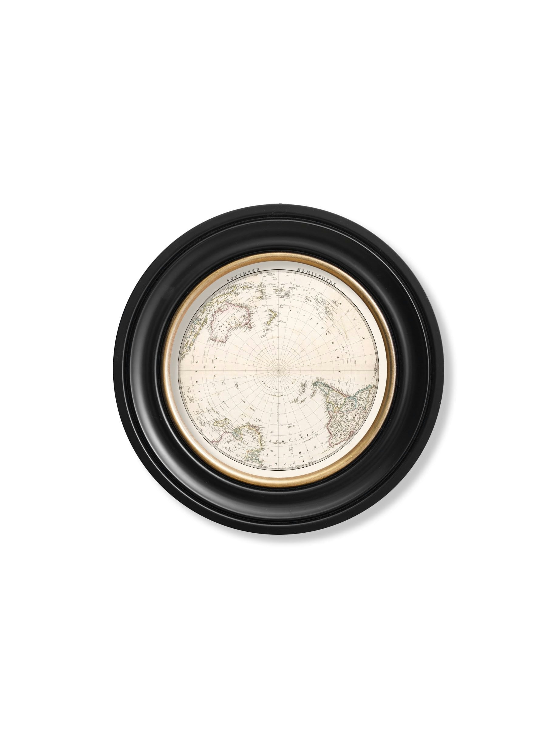 Rackhams Black C.1838 World Map Hemispheres In Round Frames - 44 X44cm - Southern Hemisphere