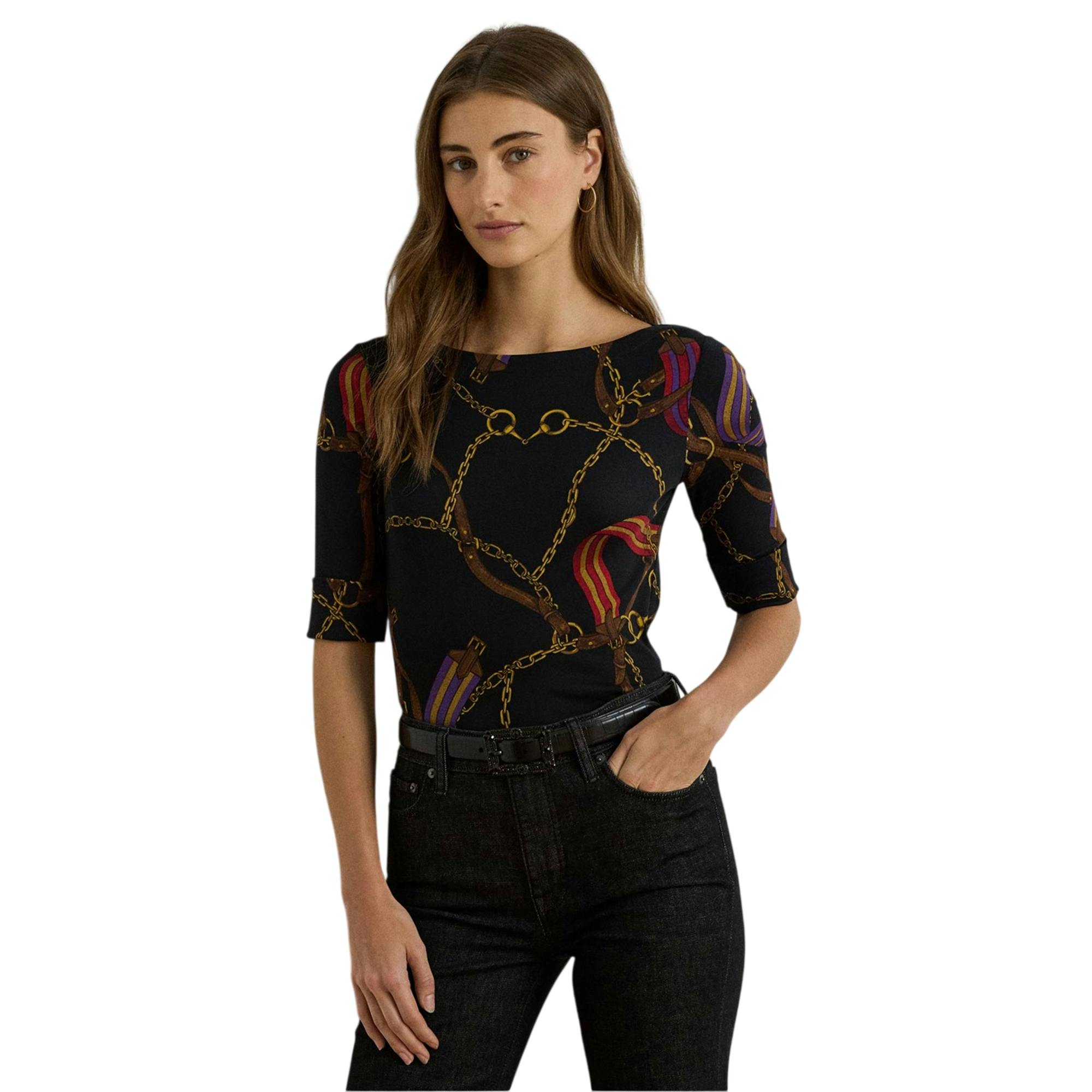 Ralph Lauren Women's Black / Judy Boat Neck Short-Sleeved T-Shirt - 10 Uk - 94% Cotton/6% Elastane