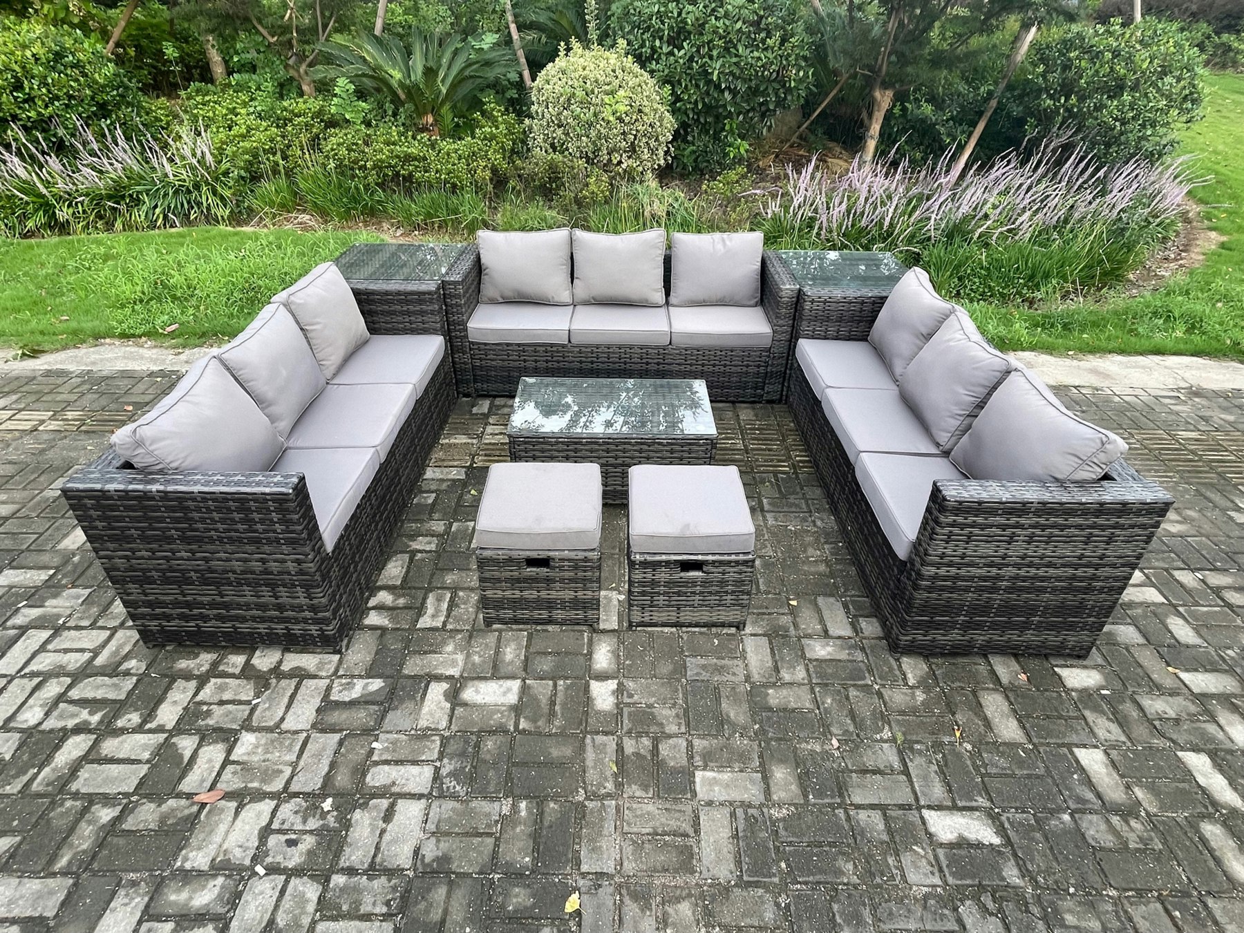 Fimous Dark/Grey 11-Seater Wicker Pe Rattan Outdoor Lounge Set | Oblong Coffee Table, 2 Side Tables, 2 Footstools