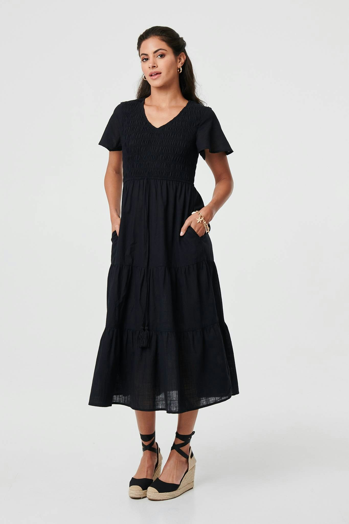 Izabel London Black Smocked Flared Sleeve Tiered Midi Dress - Size 16