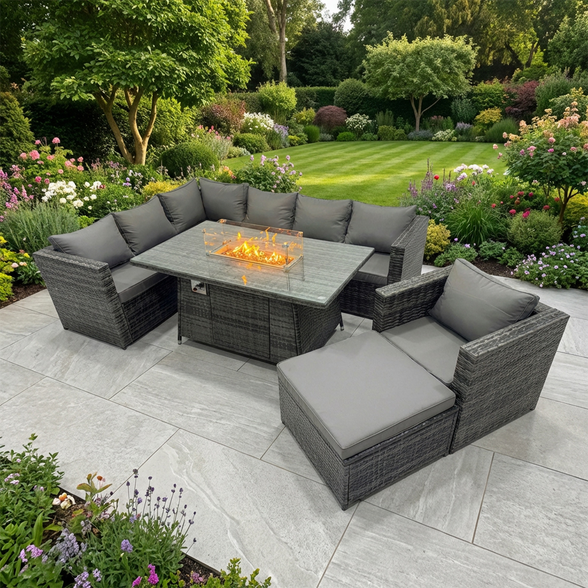 Rackhams Dark/Grey 8 Seater Rattan Garden Furniture Dining Set With Gas Fire Pit Dining Table, Corner Sofa & Stool - Mixed