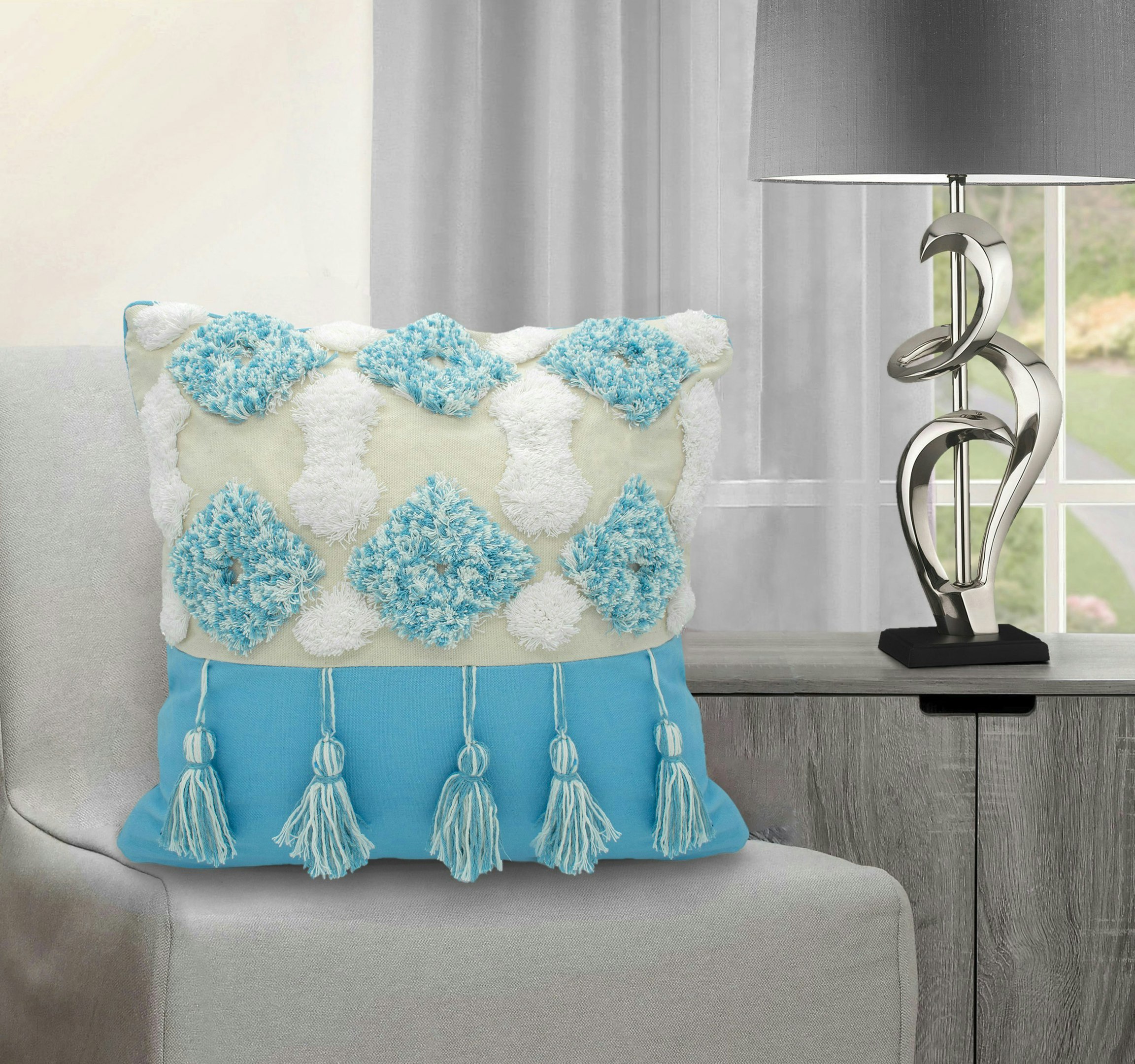 Rackhams Blue Boho Tassle Heavy Tuft Cushion - 43Cm X 43Cm