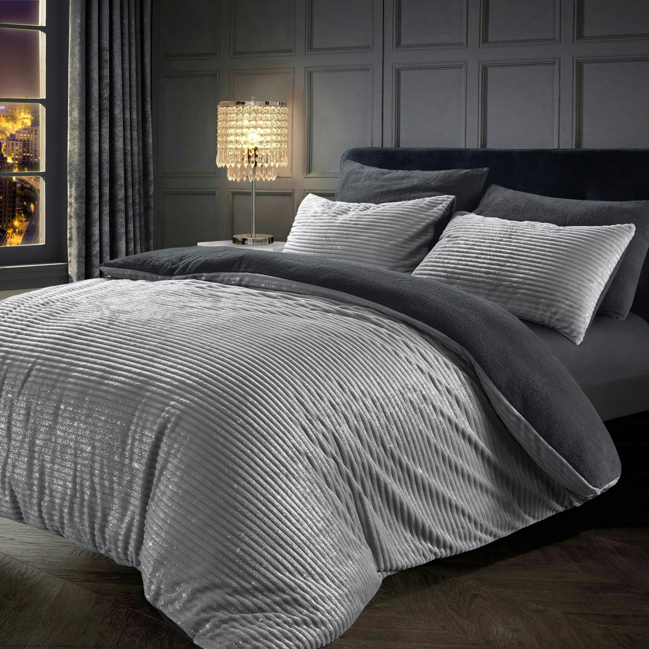 Velosso Silver Glitter Corduroy Teddy Fluffy And Warm Fleece Duvet Cover Set - Single