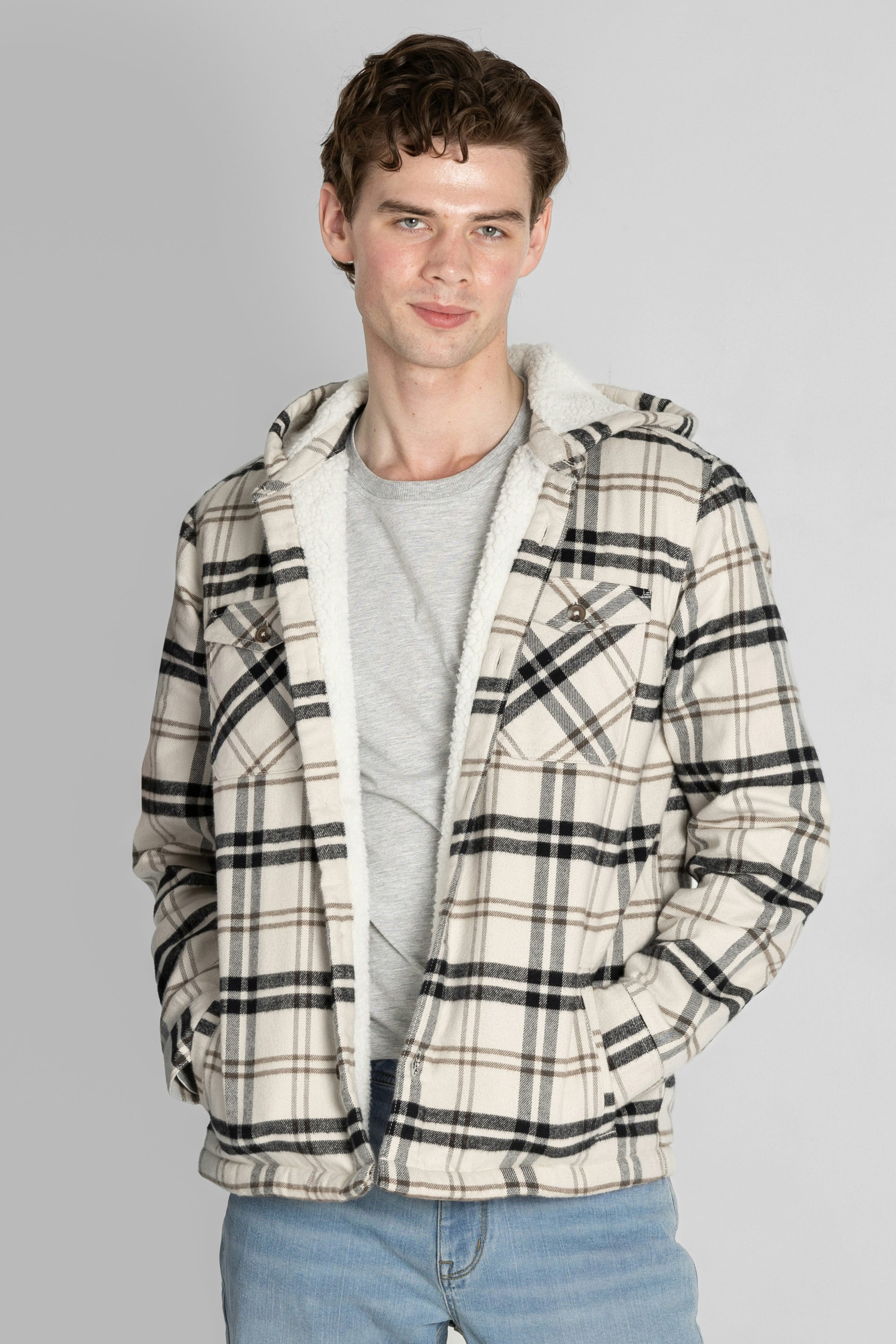 Enorsia Men's Cream Ecru Check Hooded Borg Lined Shacket - Xxl - Body: 100% Cotton; Body & Sleeve Lining: 100% Polyester