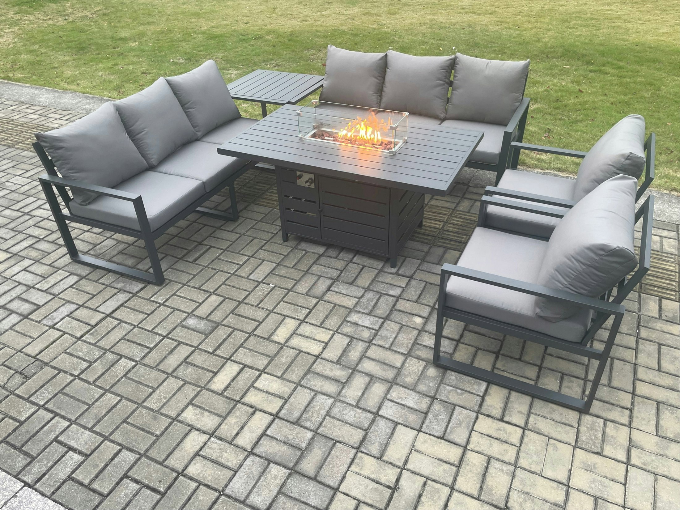 Rackhams Dark/Grey Aluminium 6 Pieces Garden Furniture Sofa Set With Cushions 8 Seater Gas Fire Pit Dining Table Set With Side Table
