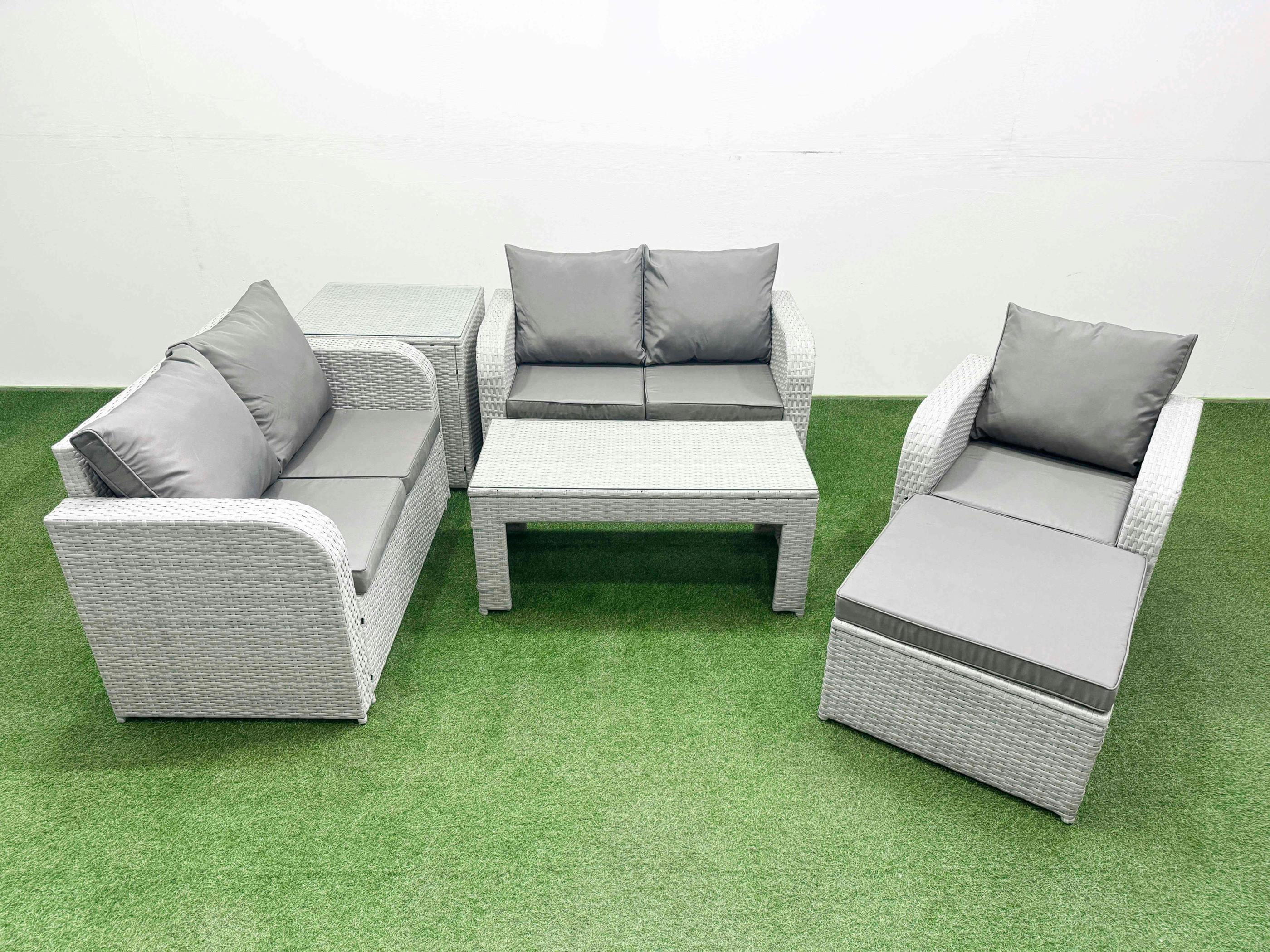 Fimous Light/Grey High Back Poly Rattan Garden Set, Reclining Loveseat Sofa, Oblong Coffee Table, Indoor Outdoor Patio, Big Stool And Side Table,