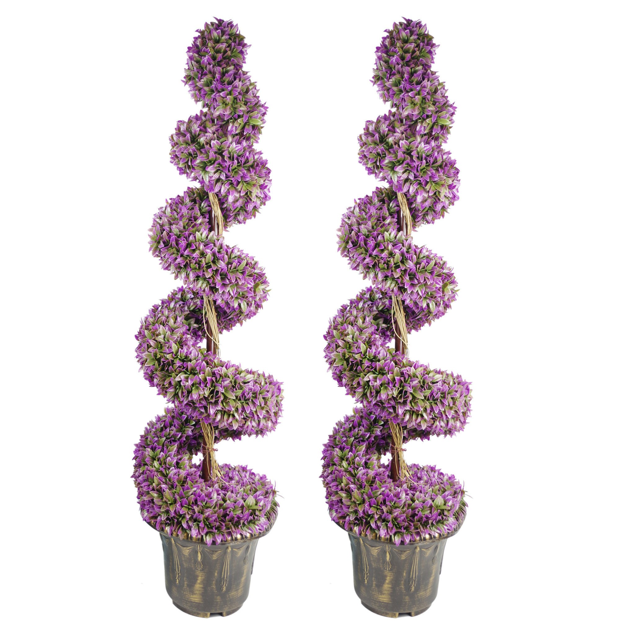 Leaf Purple Pair Of Spiral Topiary Trees With Decorative Planters - 120Cm