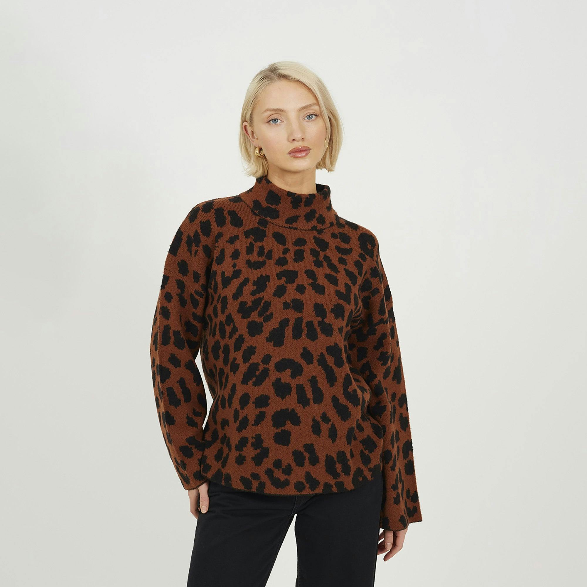 Brave Soul Brown Animal Jacquard Turtle Neck Tunic Jumper - Xs