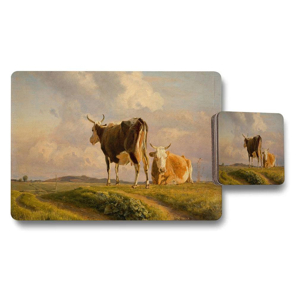 Benjamin Tate Design Pastoral Cows Landscape Placemats And Coasters Set