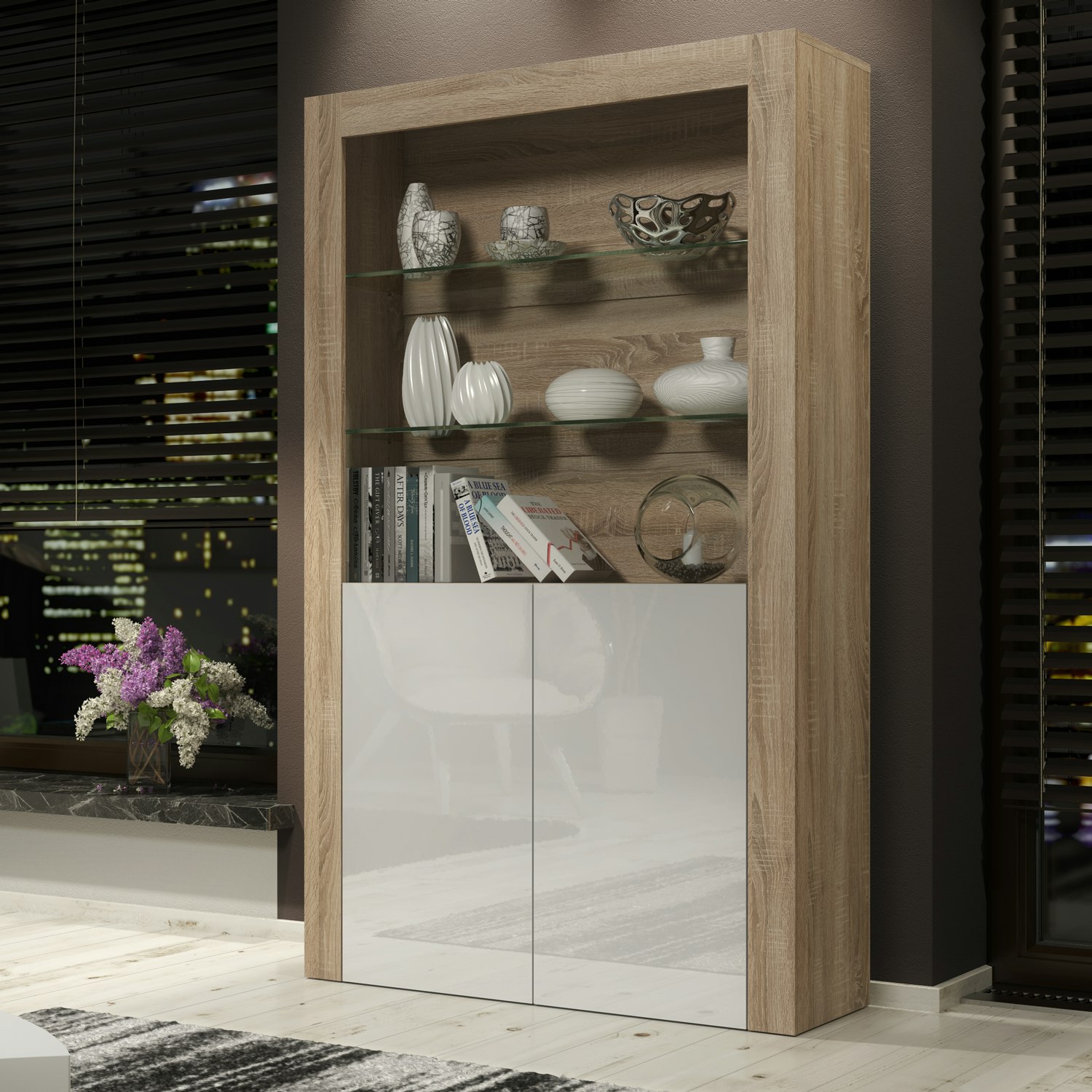 Rackhams White Tall Display Cabinet 170Cm Oak Matt Body And Gloss Doors – Modern Open Shelving Unit - Matt Body & Gloss Doors - 170 - Full Assembly Required.