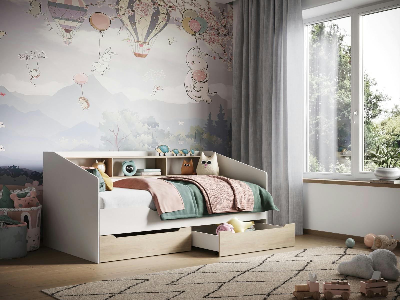 Flair Furniture Leni Day Bed - White and Oak - Single Bed with Storage Drawers & Shelf - Durable Wood - H:76cm W:107.5cm D:195cm - Image 2
