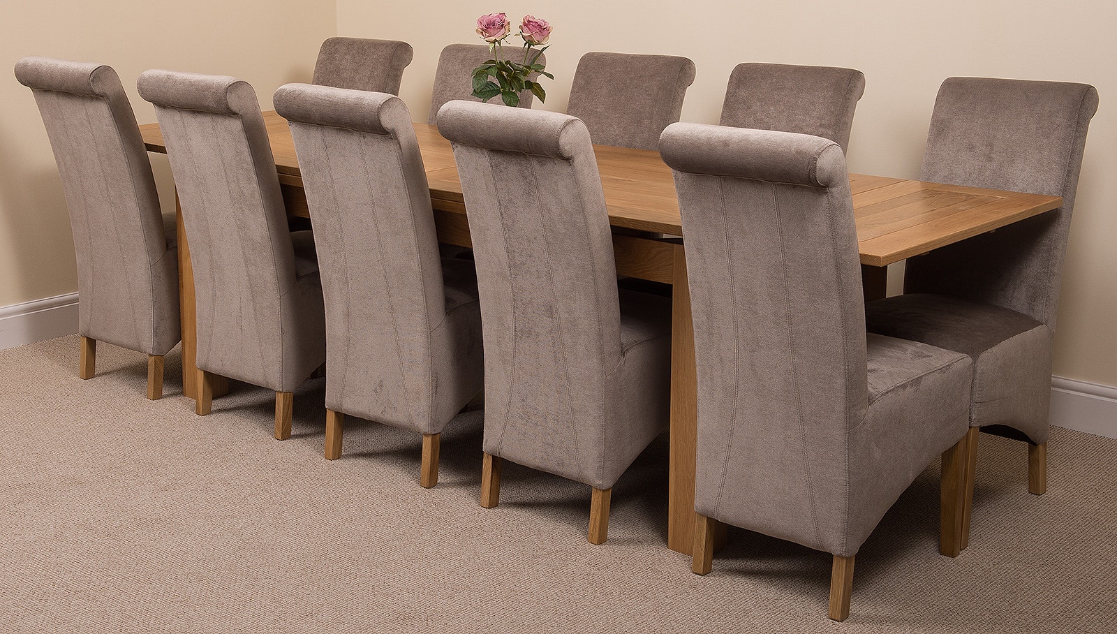 Rackhams Grey Richmond Oak Extending Dining Table With Montana Fabric Chairs - 10 Chairs Large
