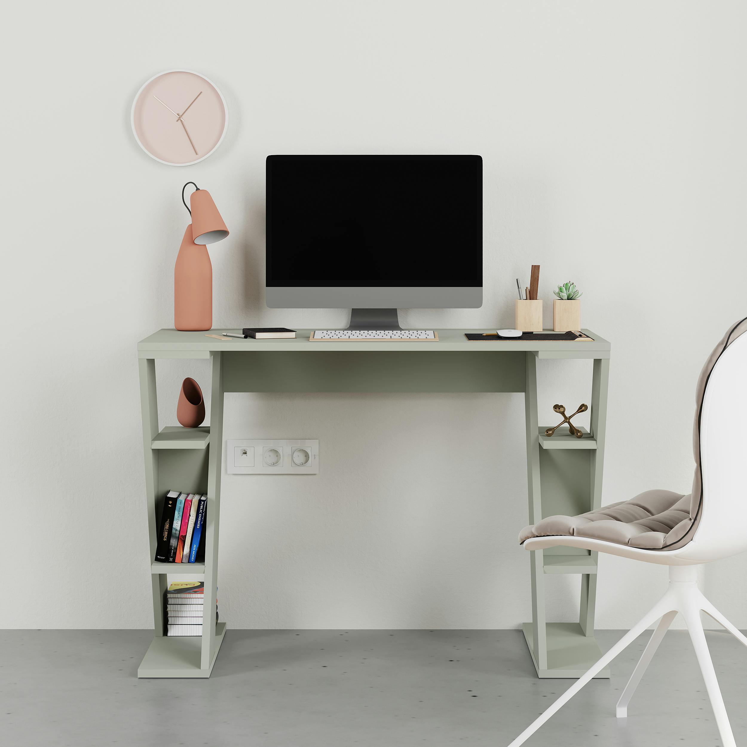 Decortie Green Modern Papillon 106Cm Working Desk Particleboard 3 Mini Shelves, Cross Design Legs H75xw106cm - Ash