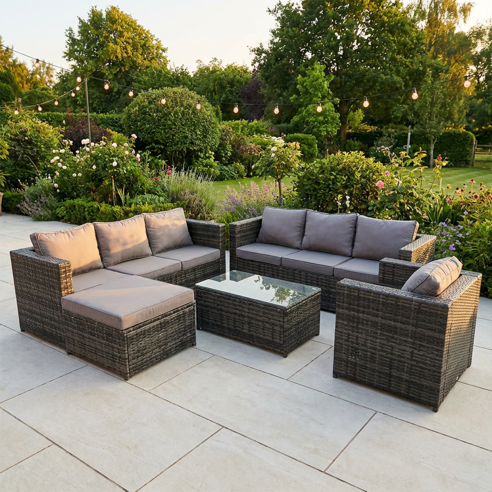 Fimous Dark/Grey 8 Seater Rattan Garden Furniture Set With 2 Sofas, Coffee Table, Armchair & Footstool - Mixed