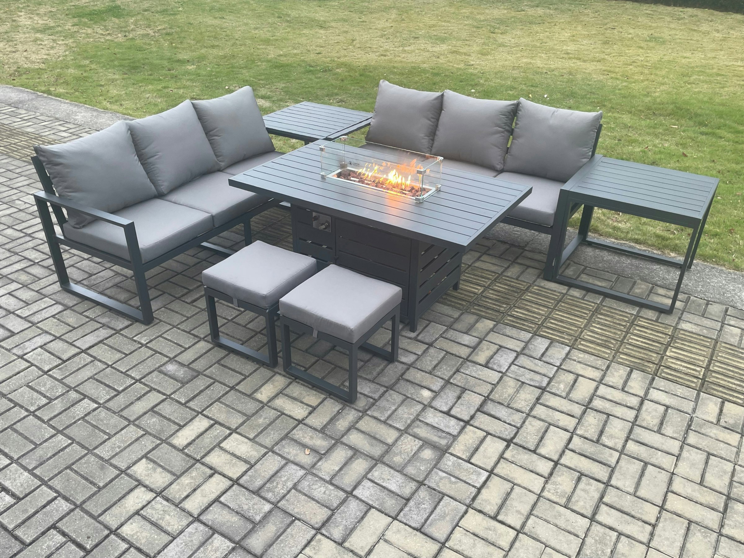 Fimous Dark/Grey Aluminium 8 Seater Outdoor Garden Furniture Lounge Sofa Set Gas Fire Pit Dining Table With 2 Small Footstools 2 Side Tables