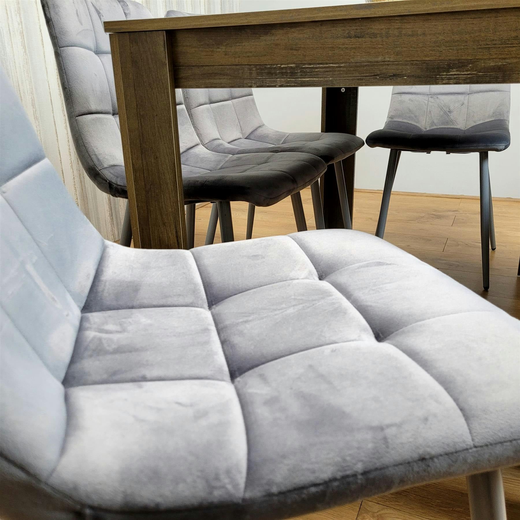 Kosy Koala Brown Wooden Dining Table Set Of 6 Rustic Effect Table With 4 Grey Velvet Chairs & 1 Bench In - Image 5