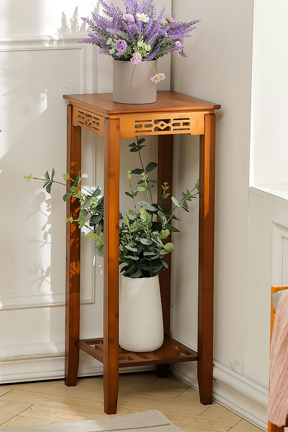 Rackhams Brown 2-Tier Bamboo Plant Stand Classic Rustic Style Flower Stand