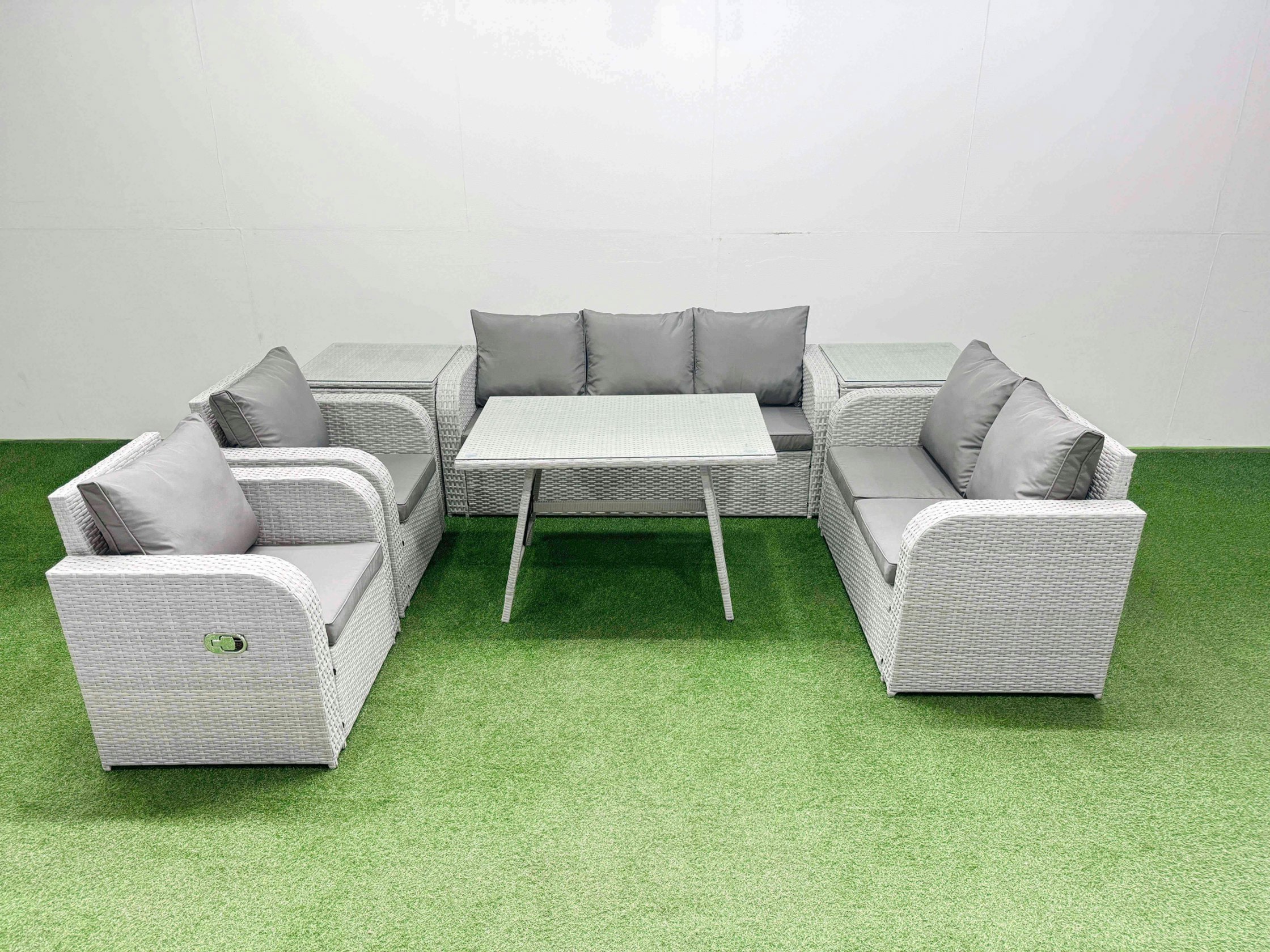 Fimous Light/Grey Pe Rattan Garden Furniture Set Outdoor Rectangular Dining Table Sofa Set With Reclining Chair 2 Side Tables