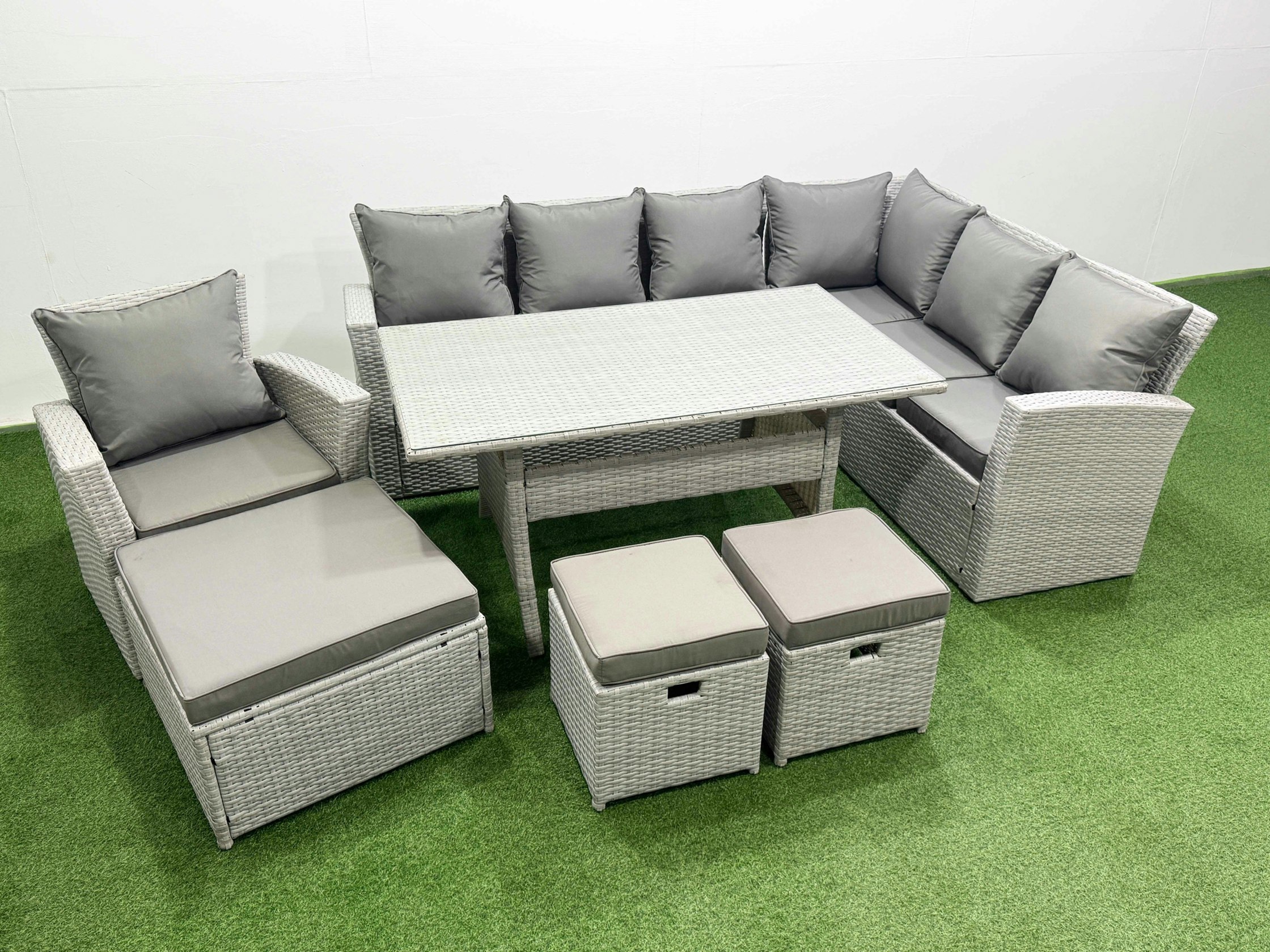 Rackhams Light/Grey Rattan Garden Furniture Set Outdoor 10 Seater Patio Dining Corner Sofa Sets With Dining Table Chair 3 Footstools Mixed