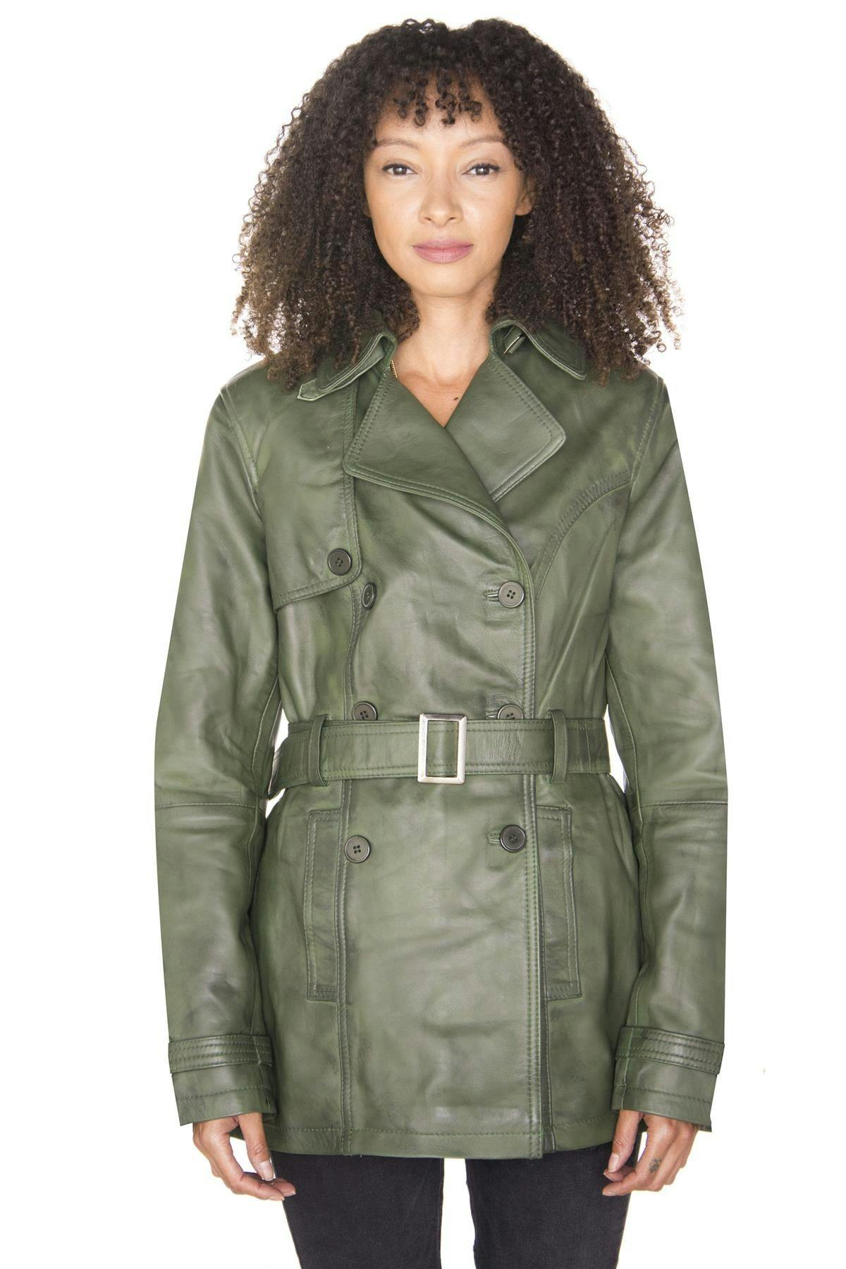 Infinity Leather Women's Green Nappa Leather Trench Coat-Mosul - Uk 3XL/20 | Eu 46 | Us 16