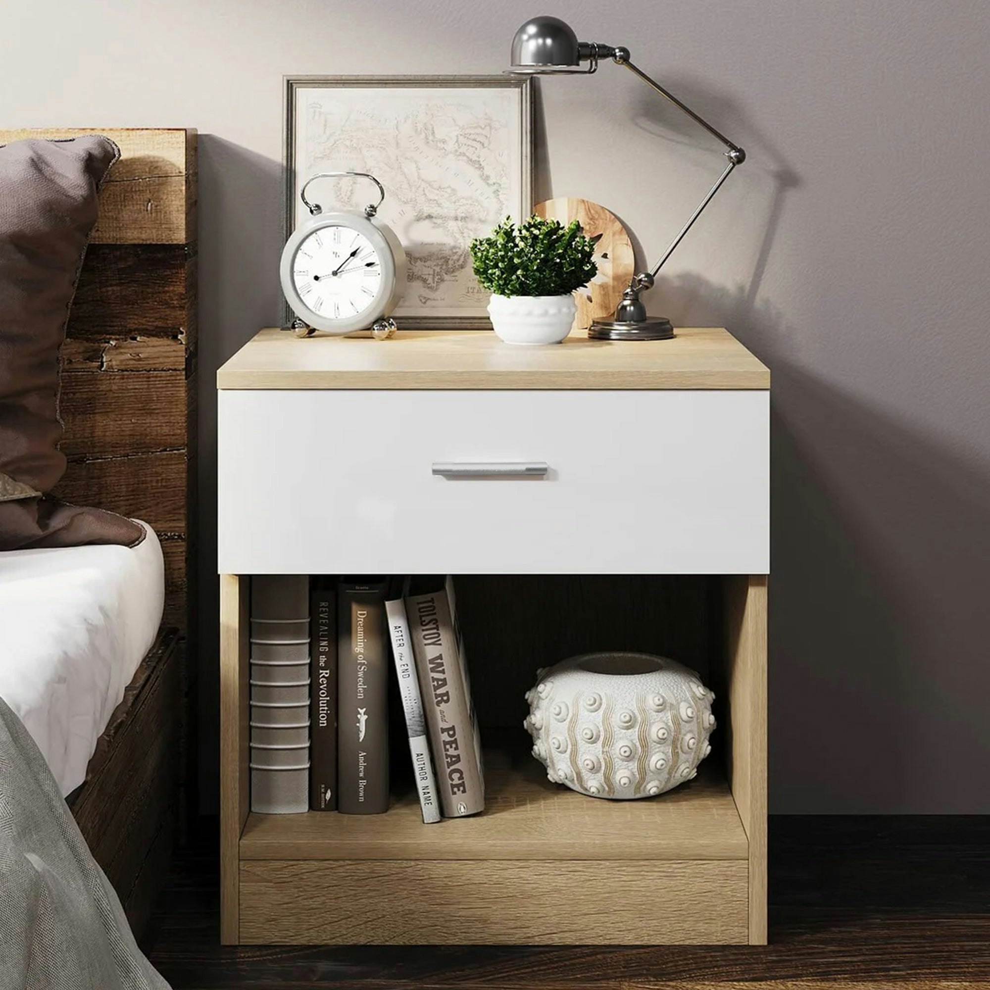 Comfy Living Cream High Gloss Bedroom Furniture 3 Piece Trio Set Wardrobe Chest Bedside - Oak/ Gloss - Bedside Table