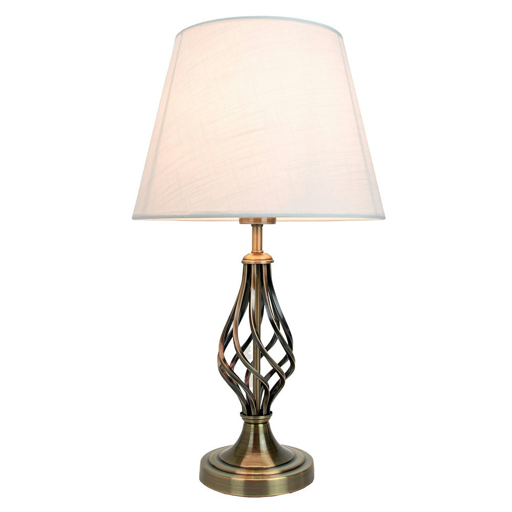 Rackhams Ivory/White/Light Traditional Antique Brass Table Lamp With Barley Twist Base And Linen Shade