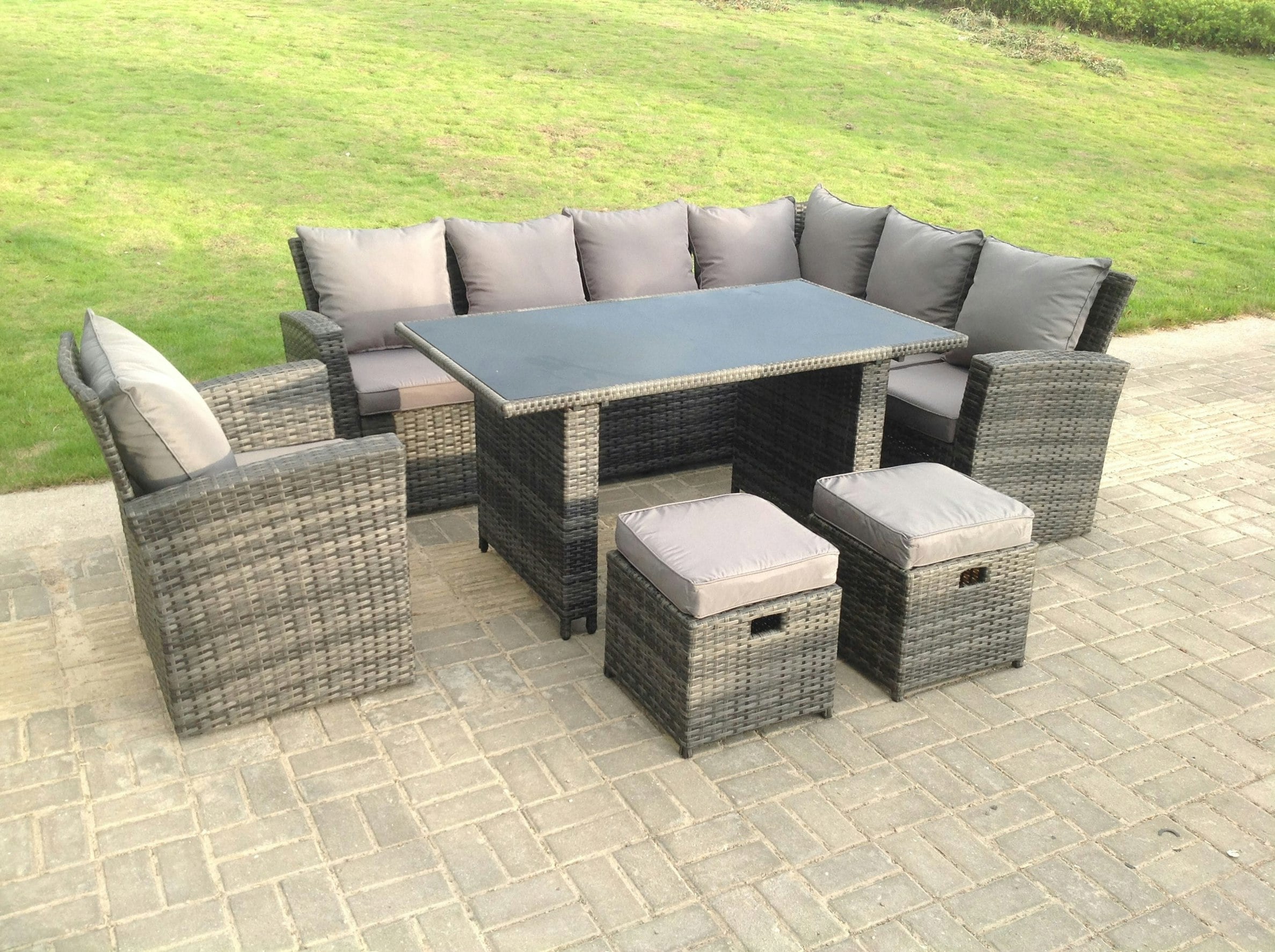 Fimous Black 9 Seater High Back Rattan Garden Furniture Set Corner Sofa With Tempered Glass Dining Table Footstool With Chair