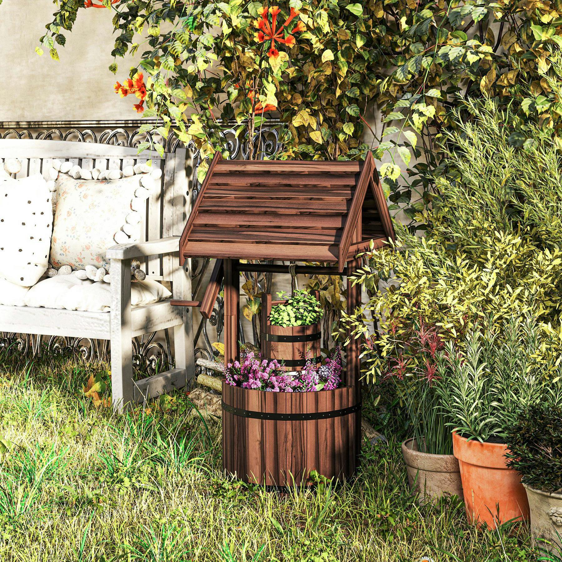Rackhams Wooden Wishing Well Planter, Flower Planter With Drainage Hole