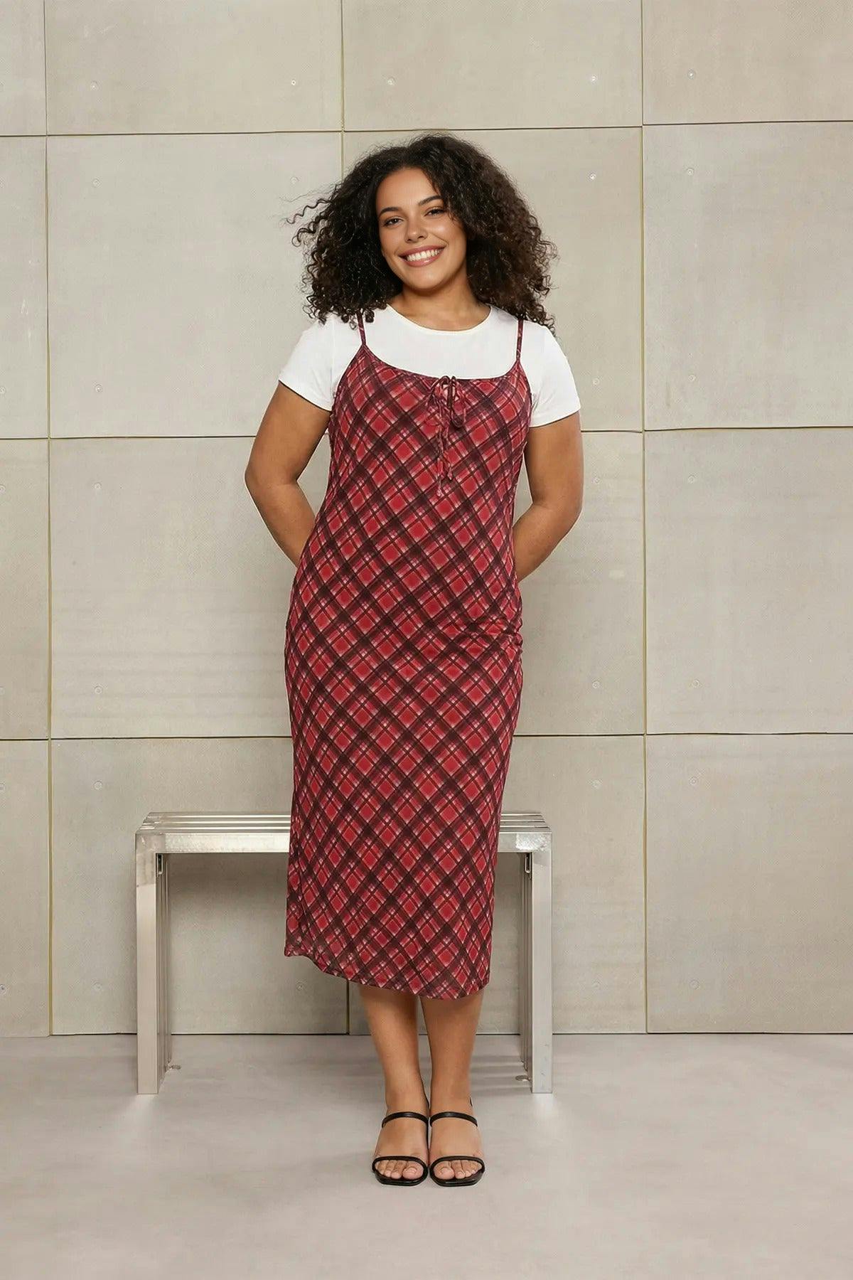 Wovcor Tie Detail Plaid Tulle Maxi Stretch Knit Plus Size Dress - Multi - 2XL