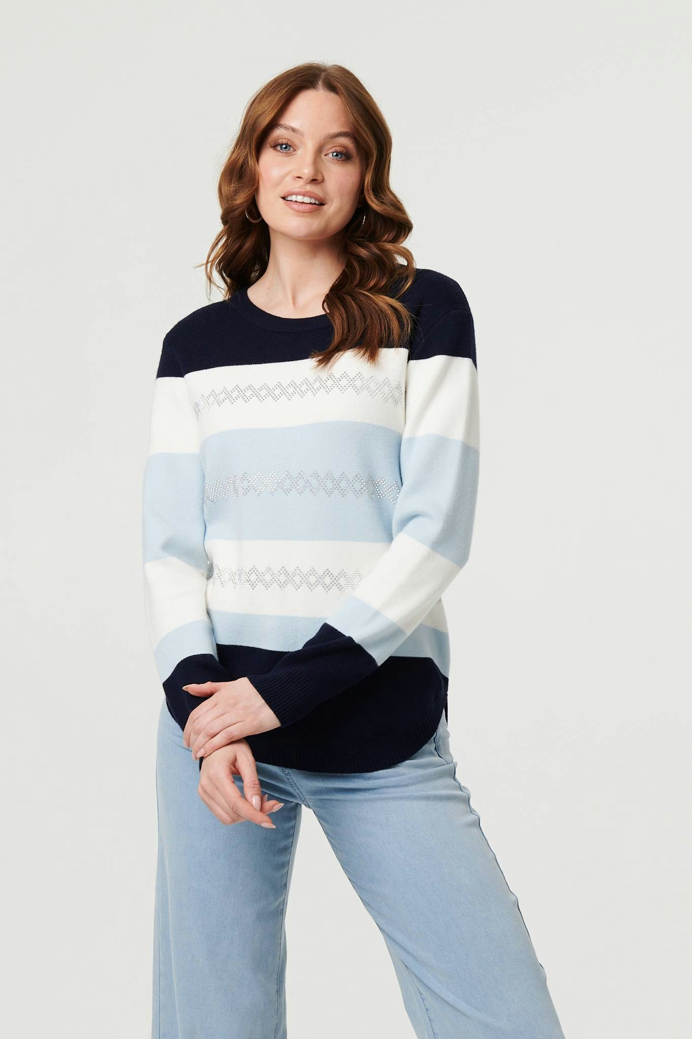 Izabel London Diamante Trim Striped Slim Jumper - 8 - Navy