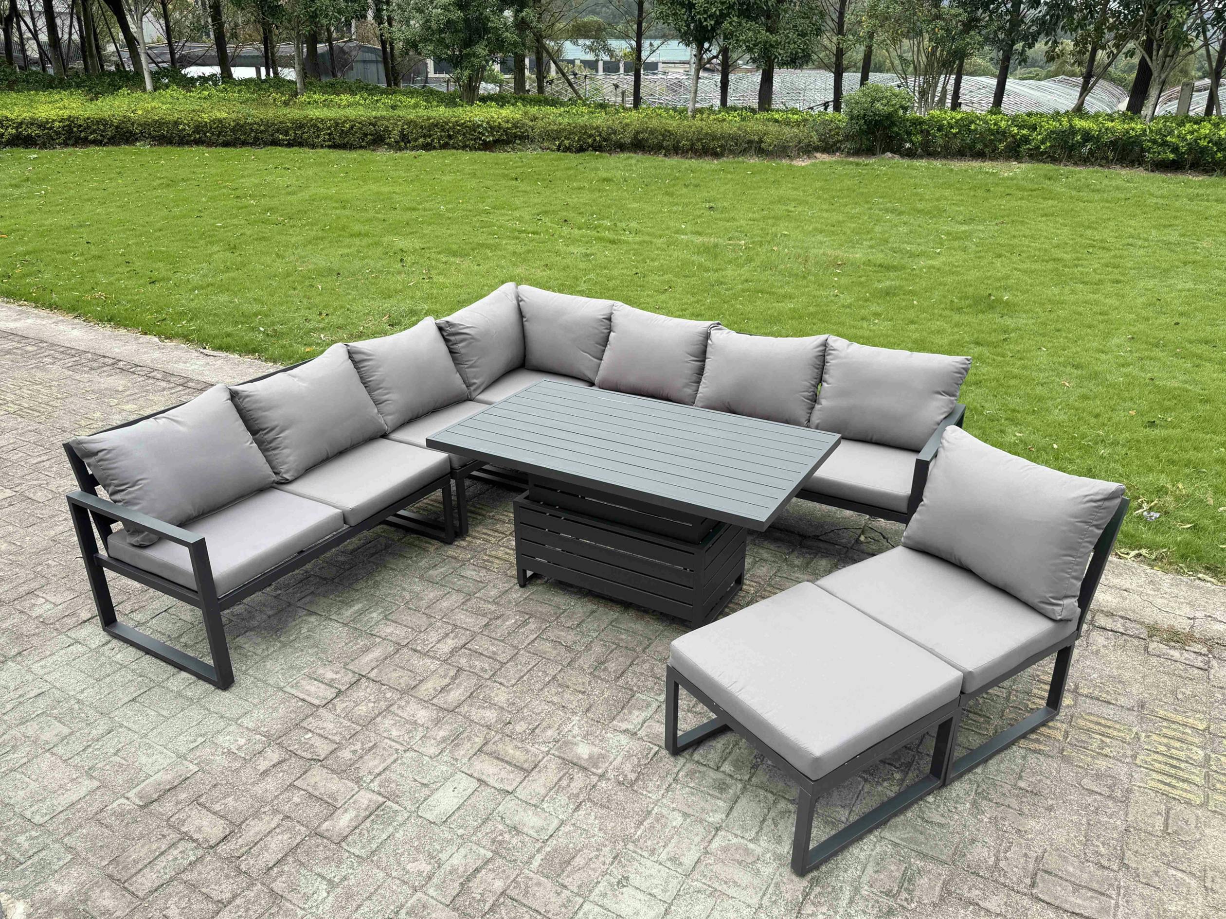 Rackhams Dark/Grey 7 Seater Aluminium Garden Furniture Set With Adjustable Rising Dining Table, Footstool