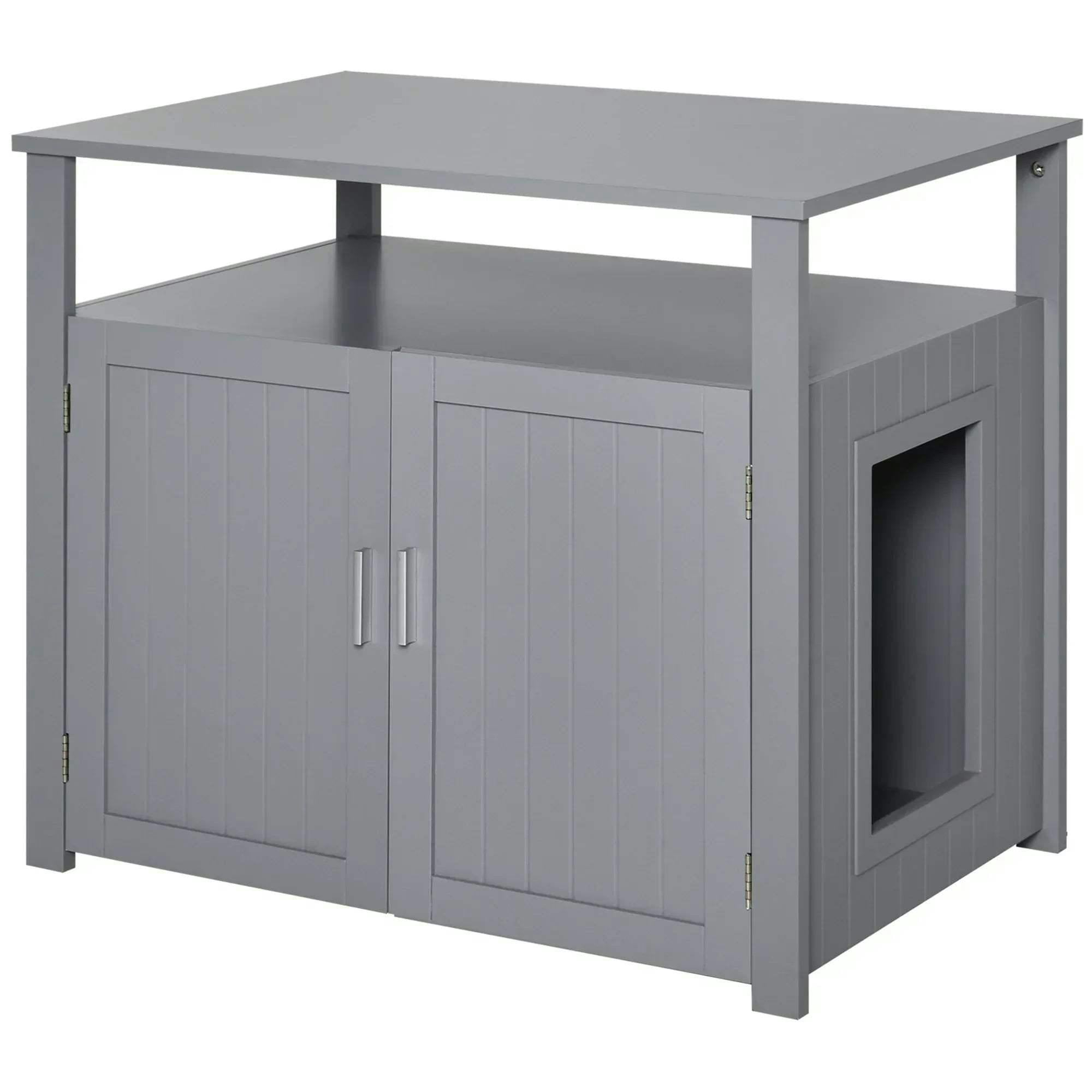 Pawhut Grey Wooden Cat Litter Box Enclosure Furniture W/ Tabletop For Nightstand In | Size: Large - Image 6