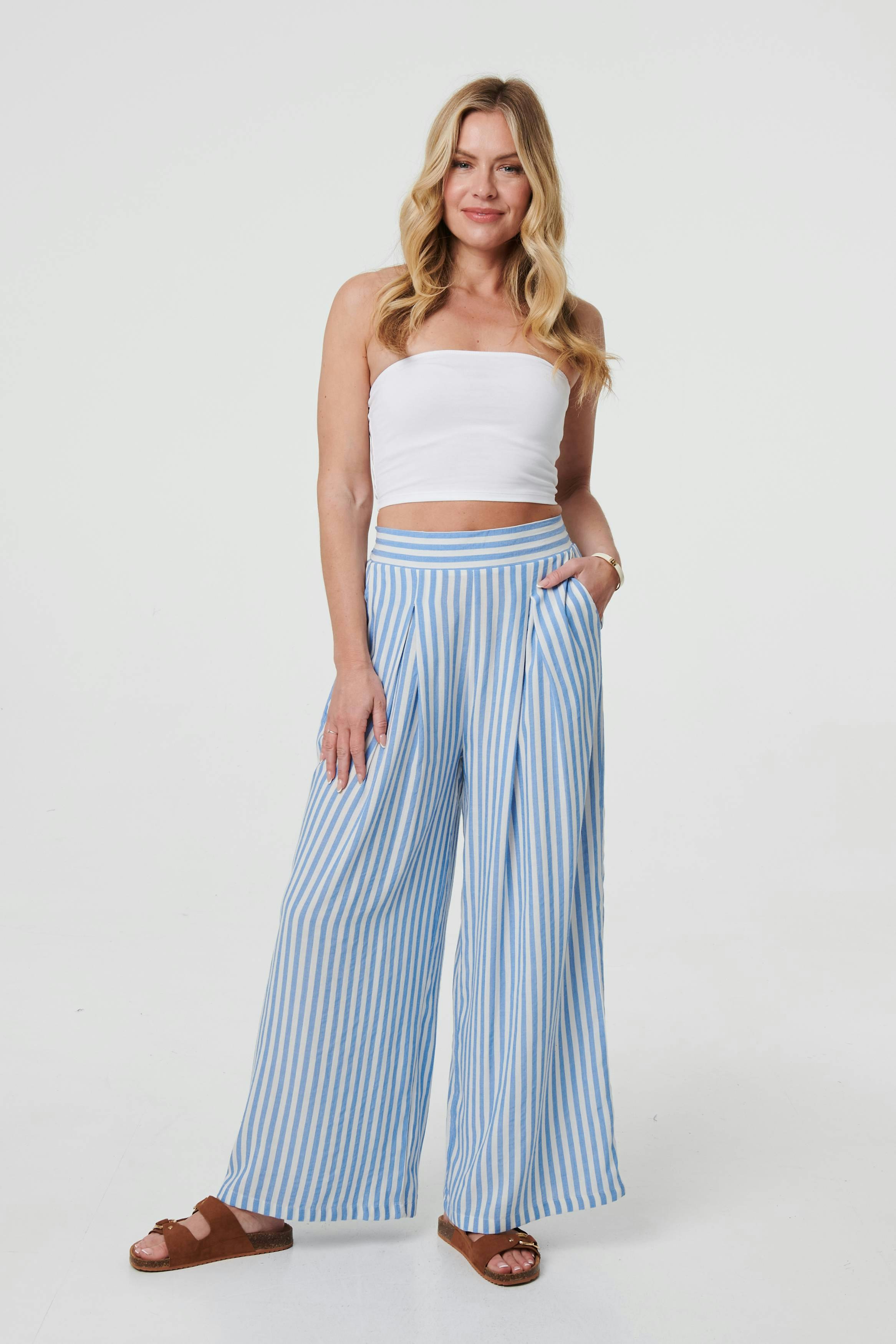 Izabel London Blue Striped High Waist Wide Leg Trousers - Size 8