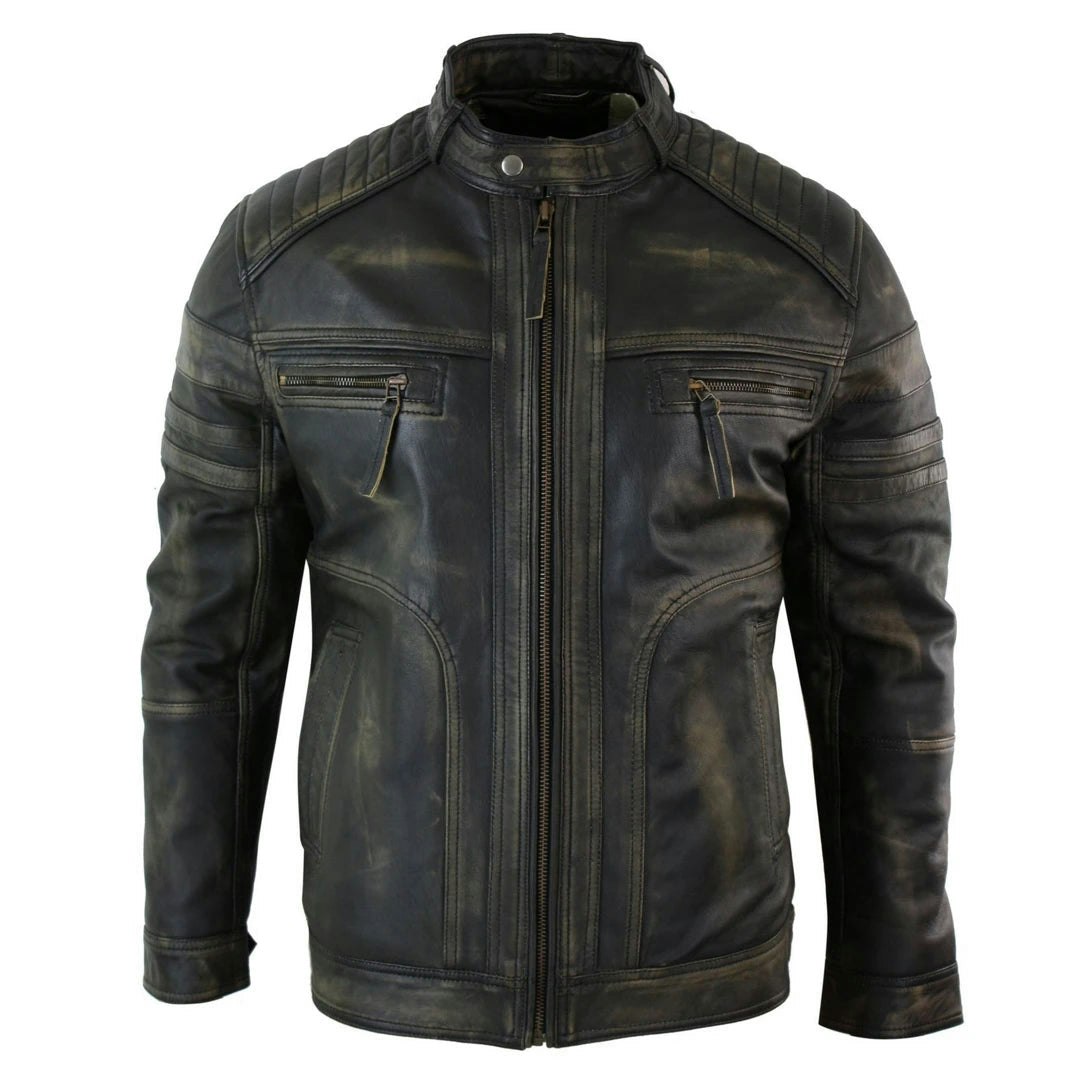 Infinity Leather Men's Black/Brown Leather Company Biker Leather Jacket Distressed Zipped - Small