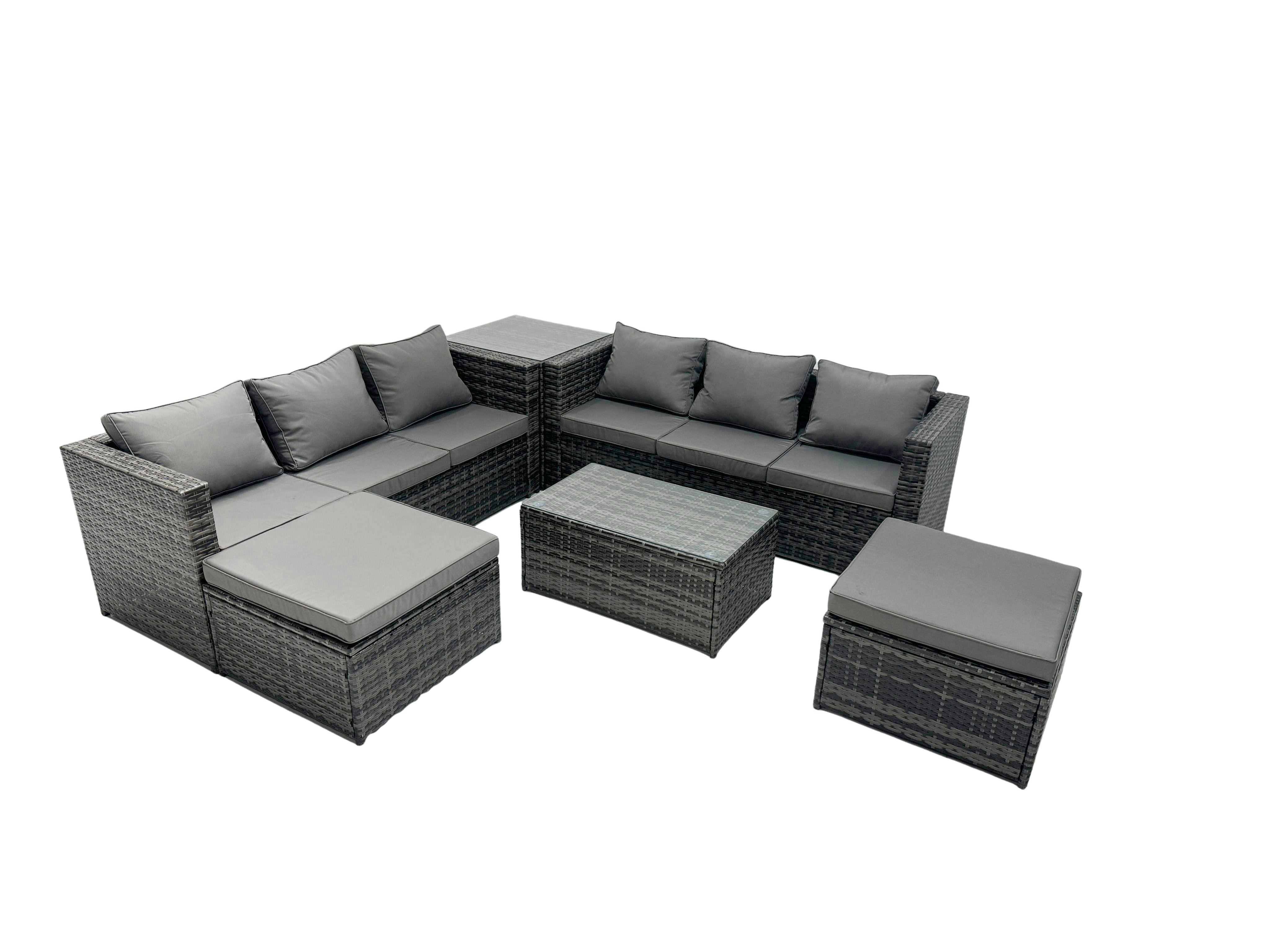 Fimous Dark/Grey Rattan Garden Furniture Dining Set 8 Seater Patio Coffee Table Sofa Set With Side Table 2 Big Footstools Mixed