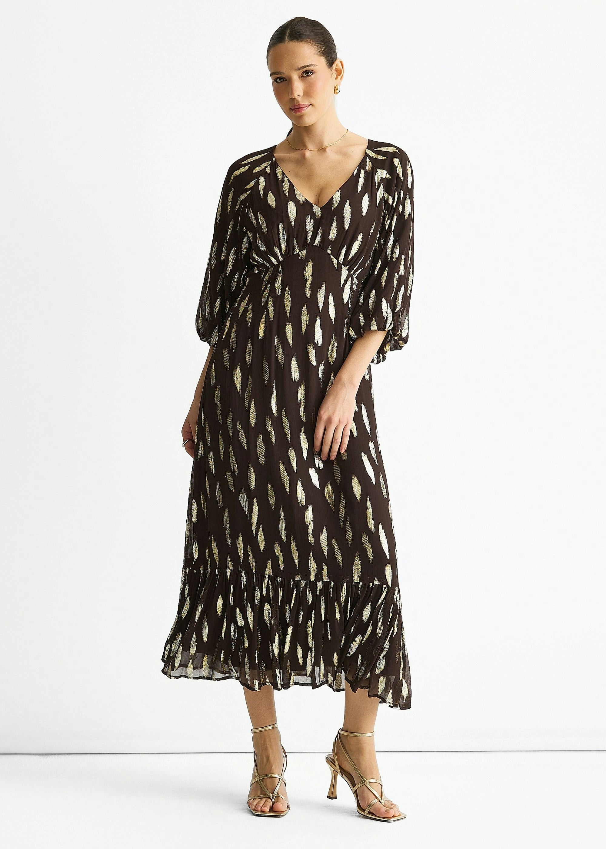 Gini London Chocolate Viscose Clipped Balloon Sleeve Maxi Dress - Uk 16 / Us 12 / Eu 44